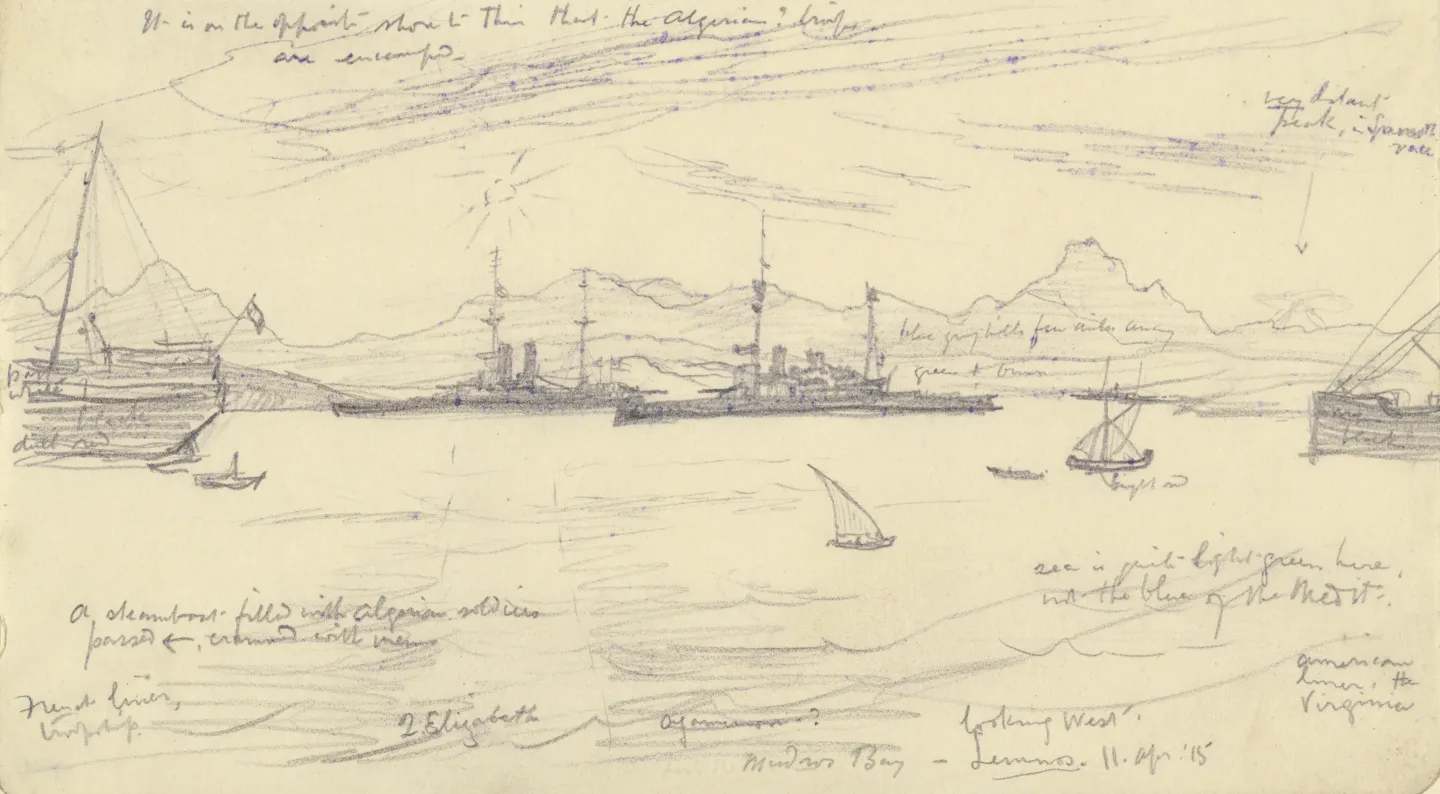 Annotated 1915 drawing of ships and the coastline at Mudros Bay.