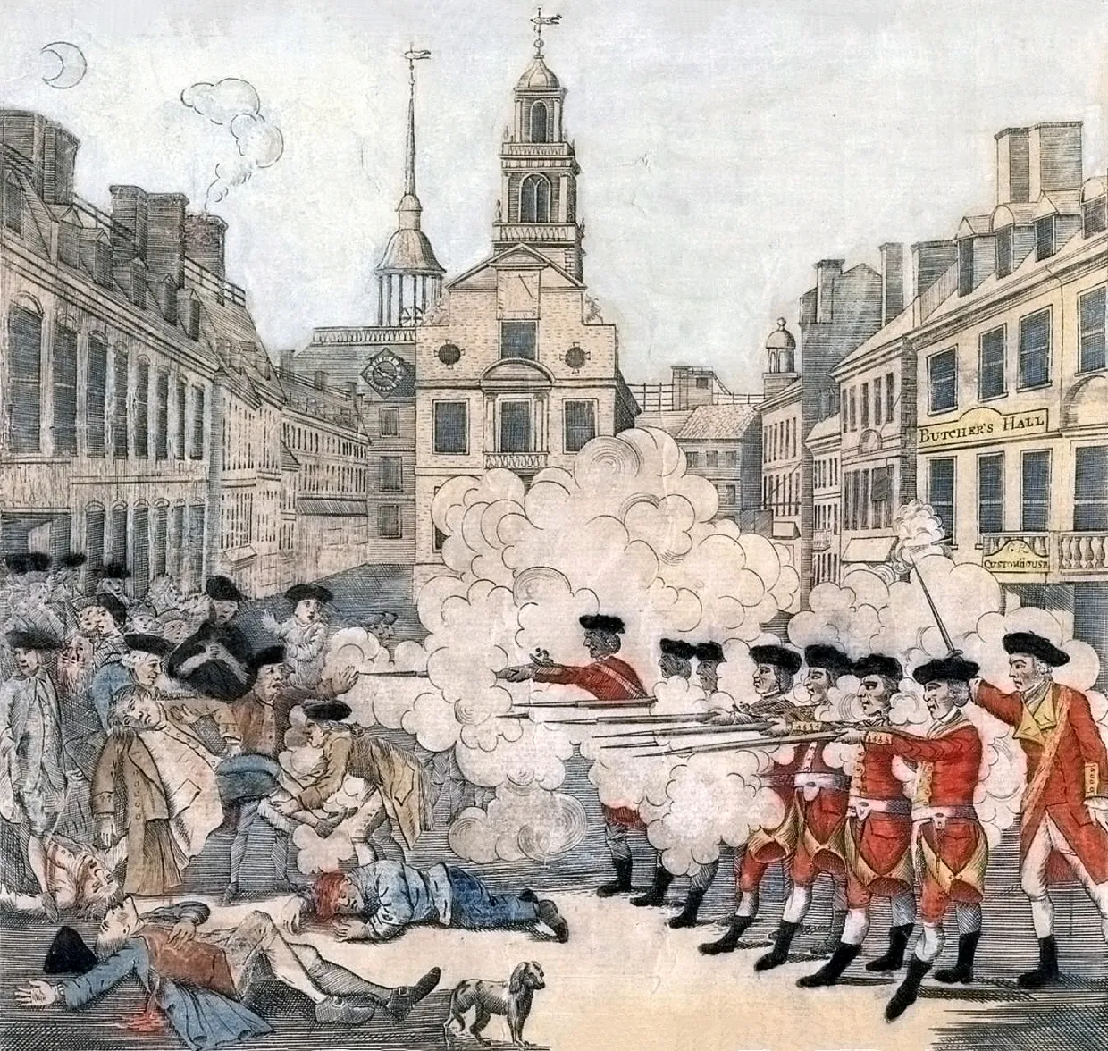 Hand-colored engraving showing British soldiers firing at colonists in Boston