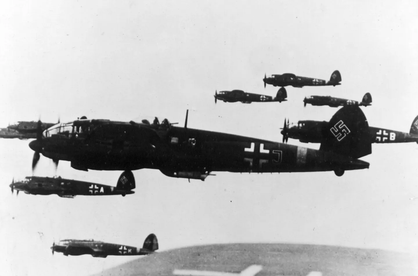 German Heinkel He111 bombers flying in formation in 1940.