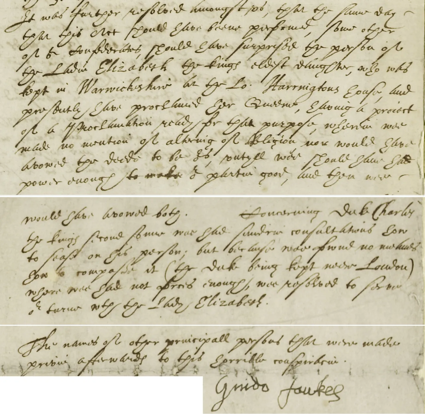 Handwritten examination of Guy Fawkes, with his signature at the bottom.