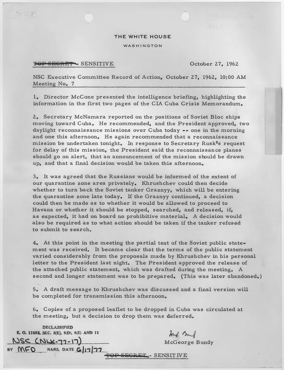 First page of the U.S. National Security Council Executive Committee record of action for October 27, 1962, at 10 a.m.