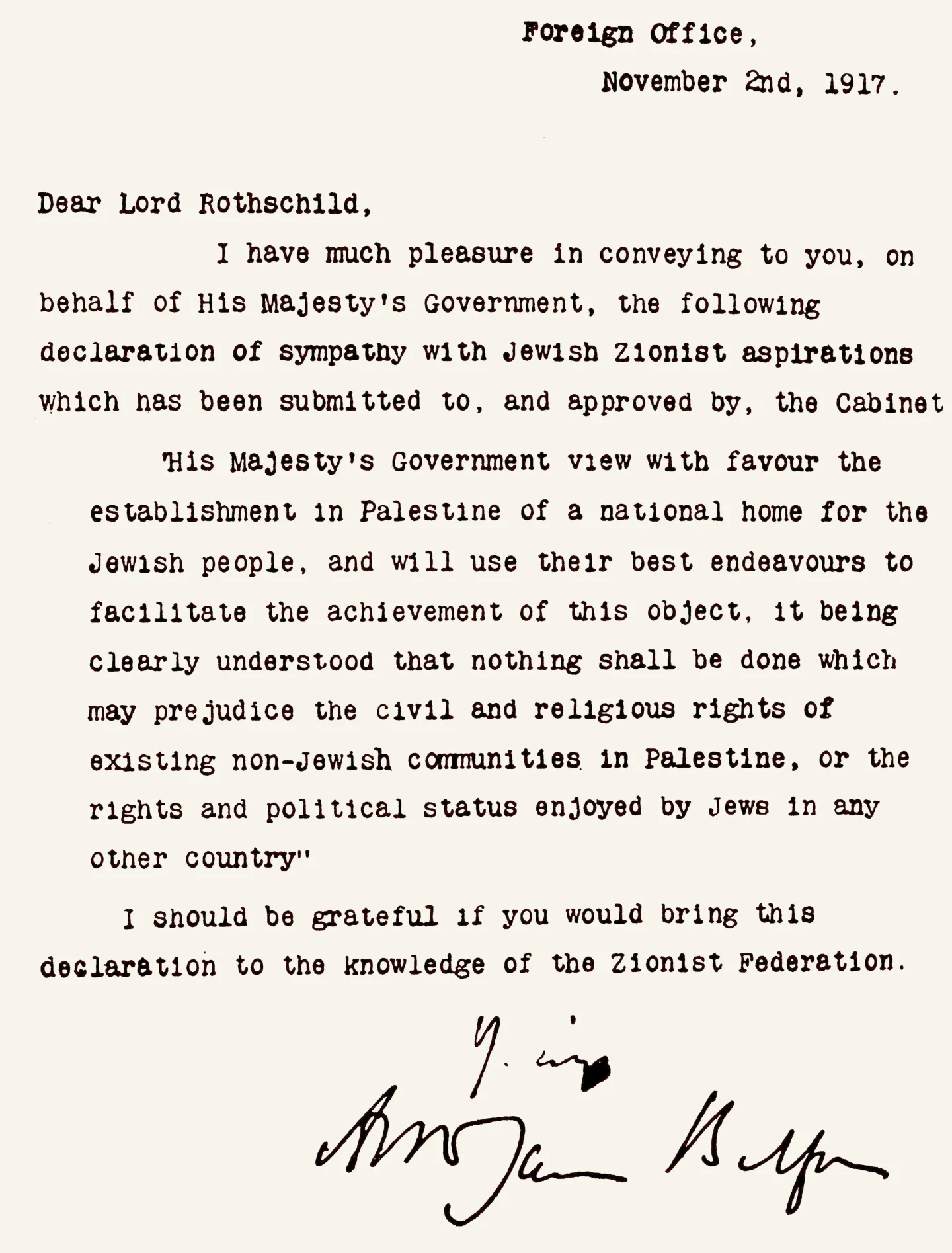 Balfour’s typed letter to Lord Rothschild, dated November 2, 1917.
