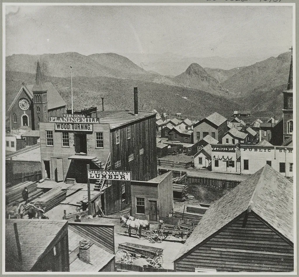 Virginia City buildings and the landscape of Six Mile Canyon in 1866.