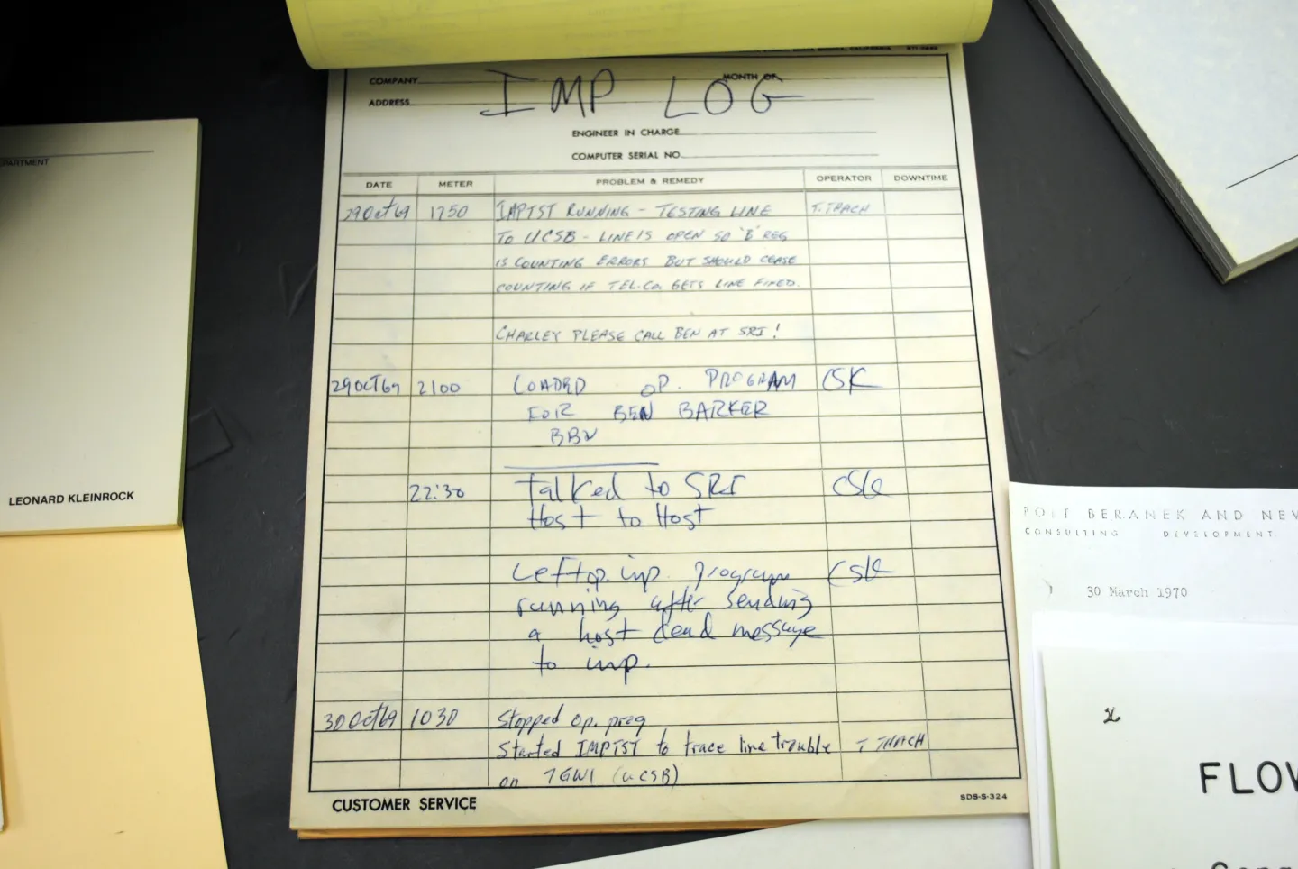 Open IMP logbook showing the October 29, 1969 host-to-host entry.