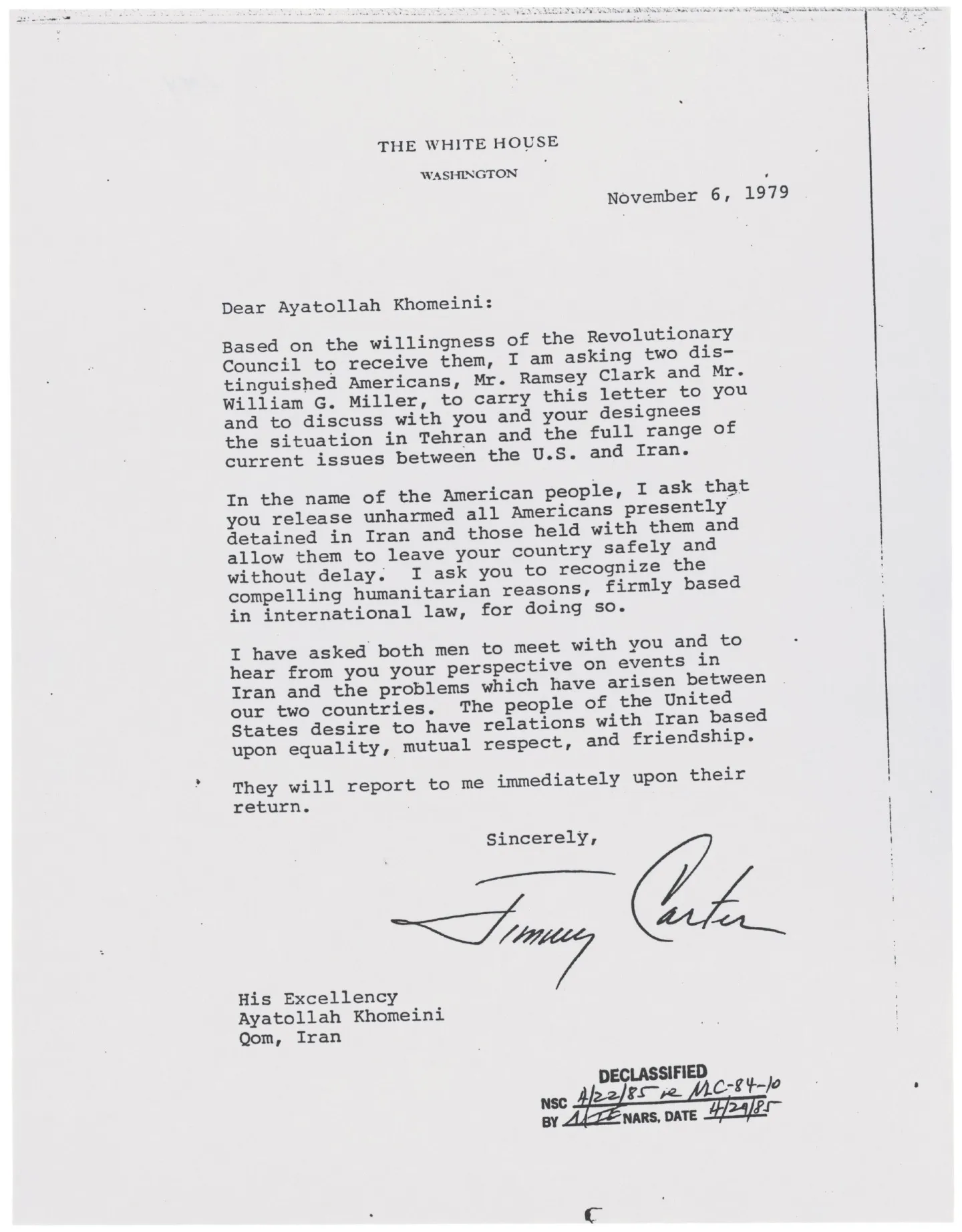 A typed White House letter dated November 6, 1979, signed by Jimmy Carter.