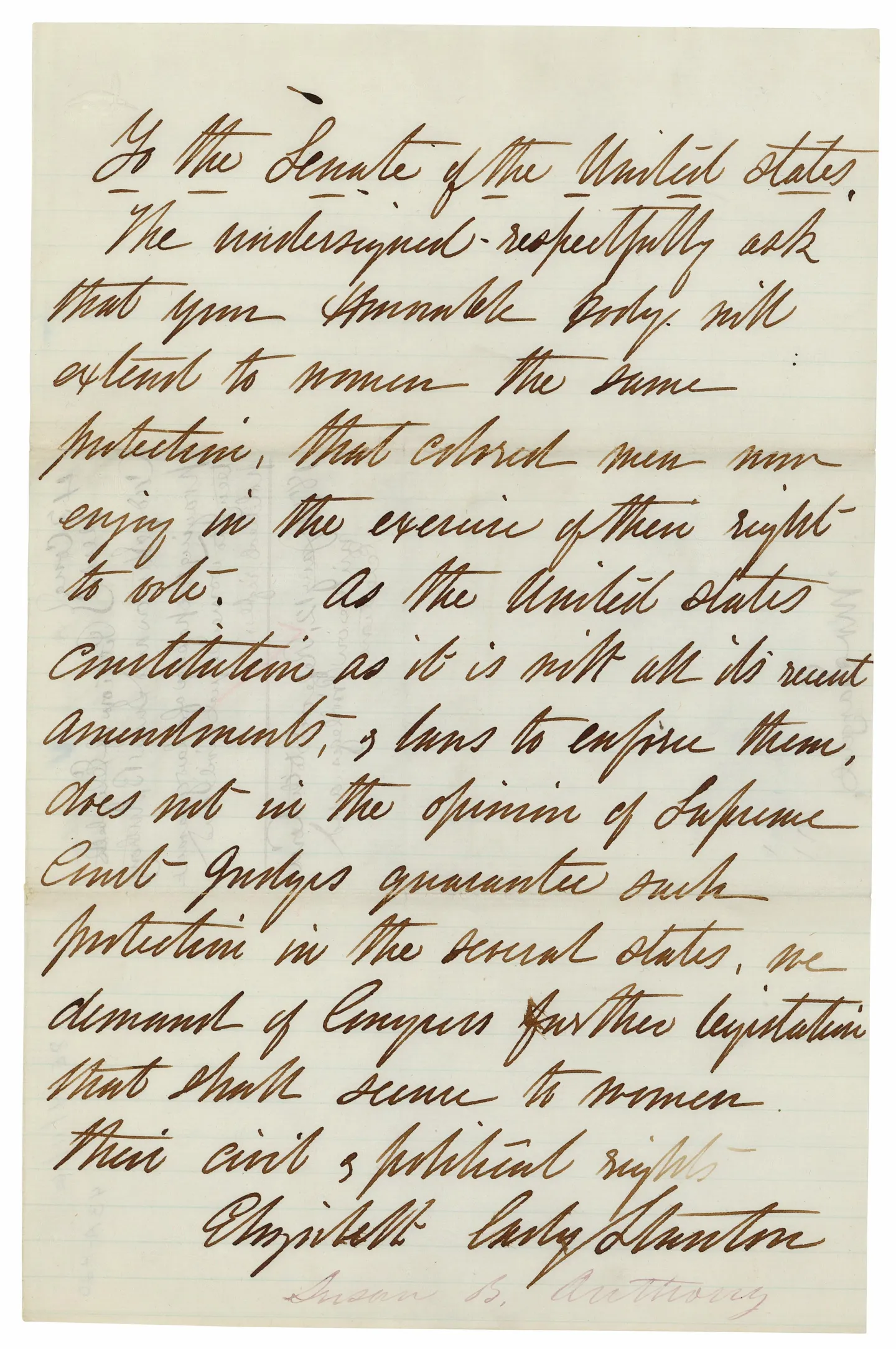 A handwritten petition to the United States Senate asking for women’s voting rights.