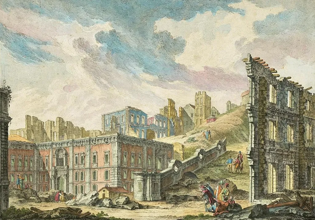 Le Bas print showing ruins around Lisbon’s Patriarchal Church Square.