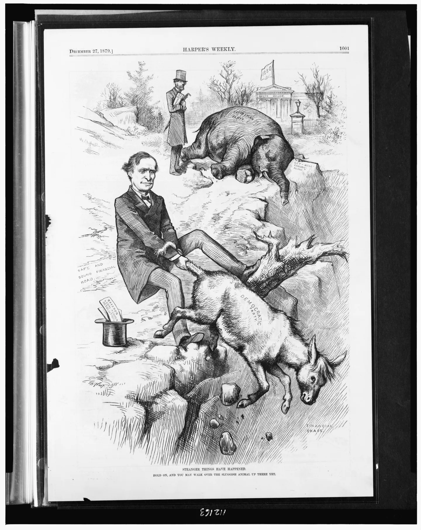 A man clings to a donkey’s tail at a cliff below an elephant, with the White House in the distance.