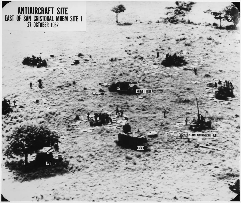 Aerial reconnaissance photograph of an antiaircraft site east of San Cristóbal, Cuba, dated October 27, 1962.