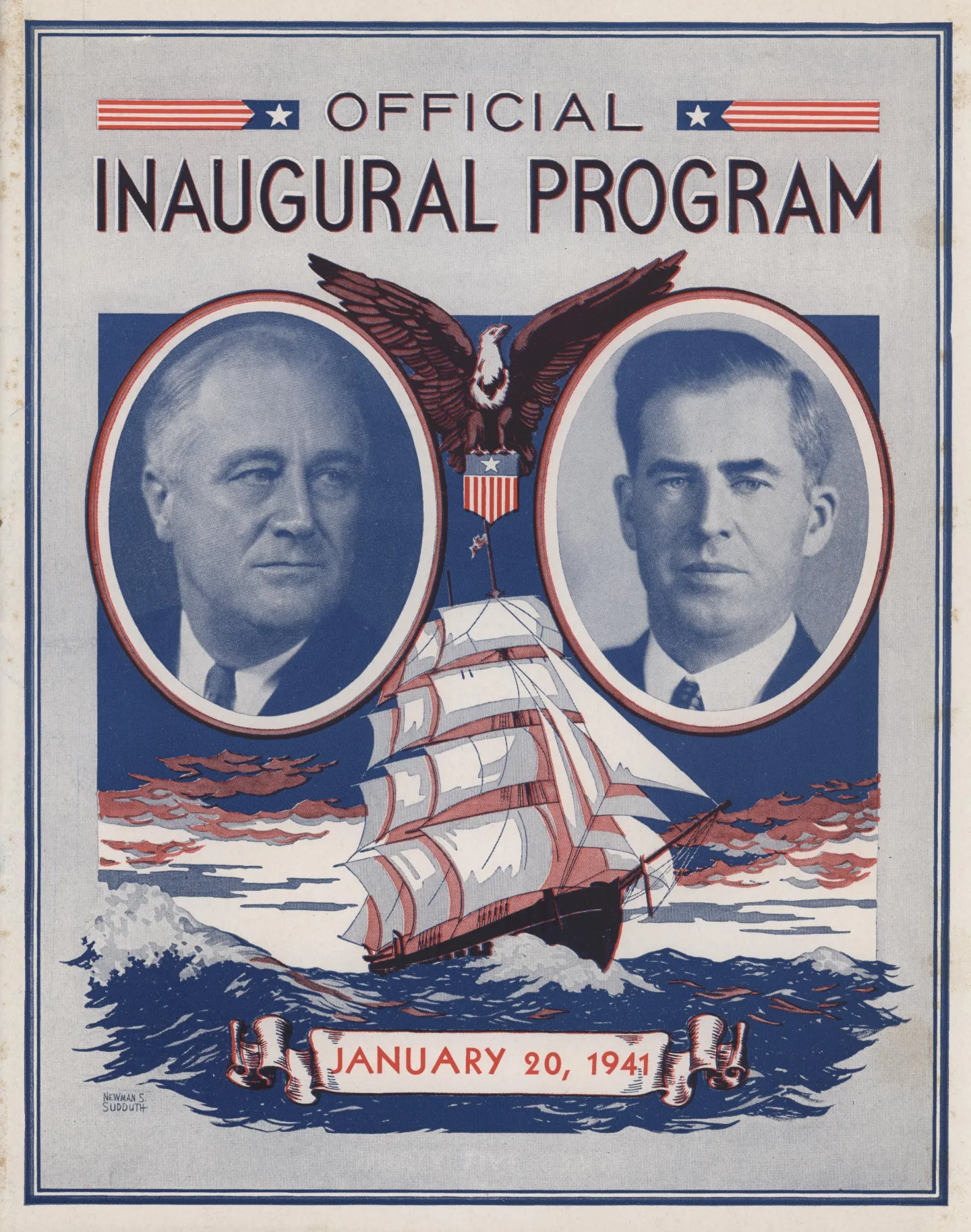 Red, white and blue inaugural program with portraits of Roosevelt and Wallace above a sailing ship.
