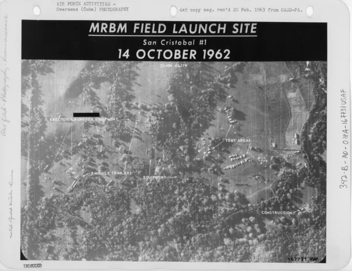 Annotated aerial photograph of San Cristóbal missile site no. 1 showing missile trailers, tent areas and launch equipment on October 14, 1962.