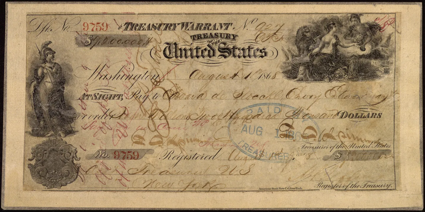 Treasury warrant dated August 1, 1868, for the $7.2 million Alaska payment, payable to Eduard de Stoeckl.