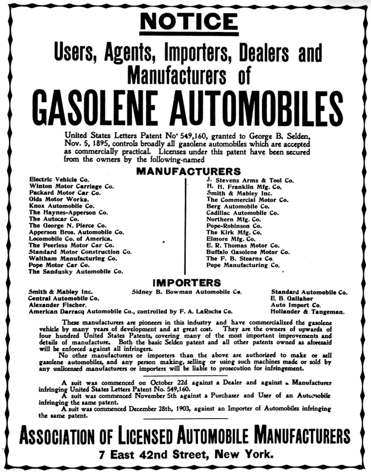 ALAM notice headed Gasolene Automobiles listing licensed manufacturers and warning the trade.