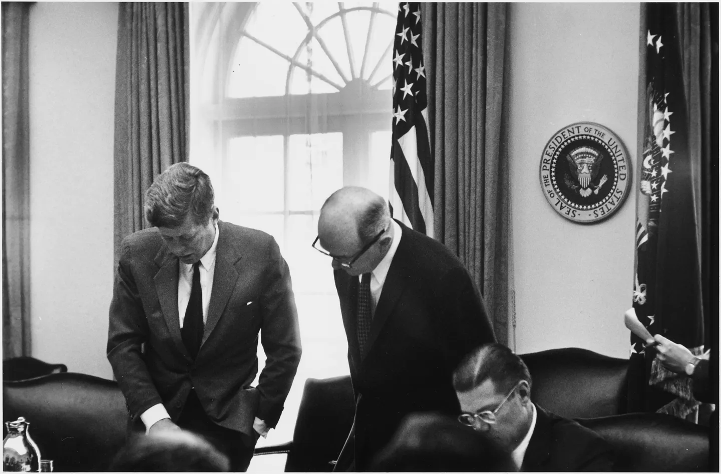 John F. Kennedy and U.S. national security advisers in a White House meeting during the Cuban Missile Crisis, October 29, 1962.