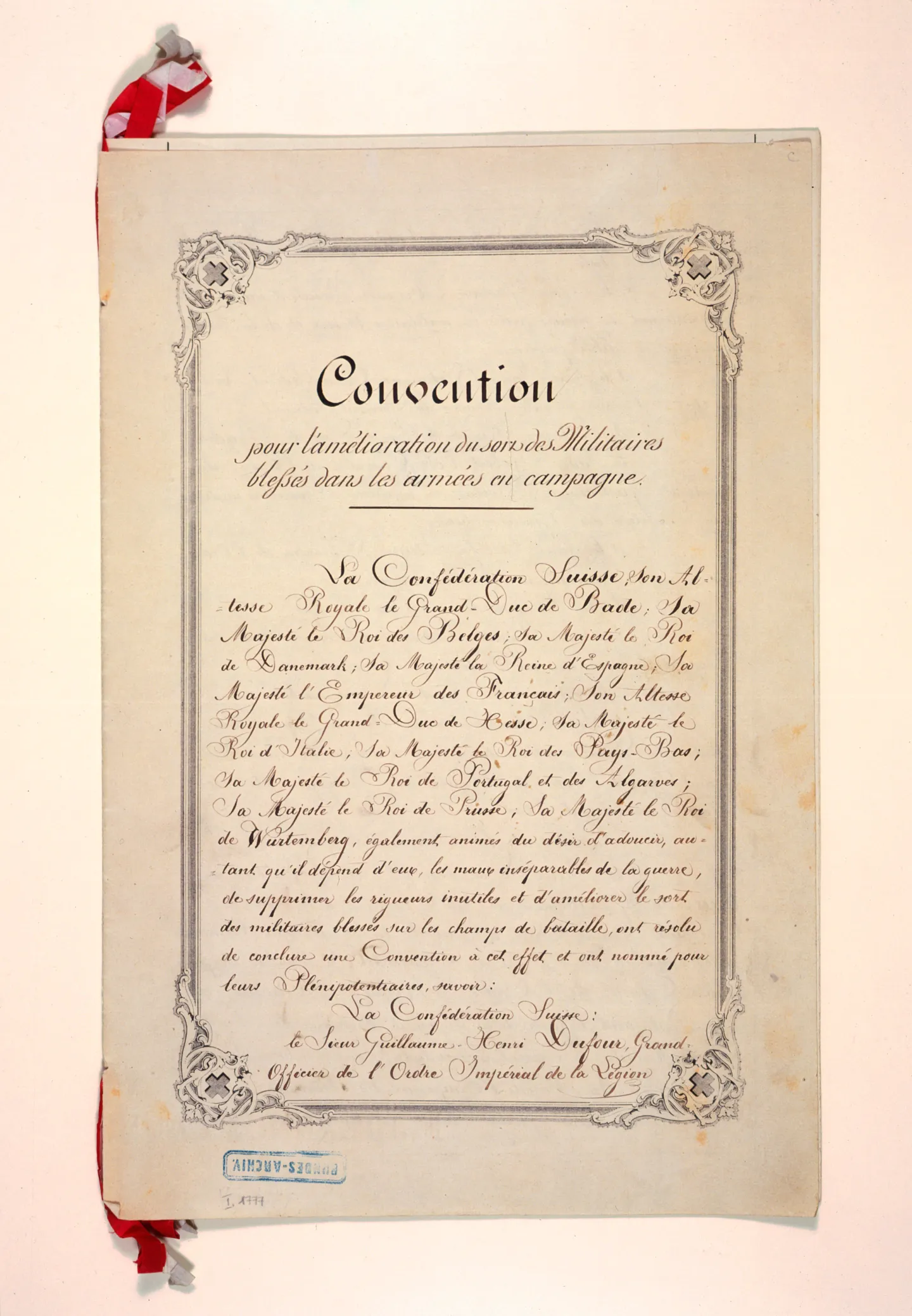 First page of the 1864 Geneva Convention with decorative border and red ribbon.