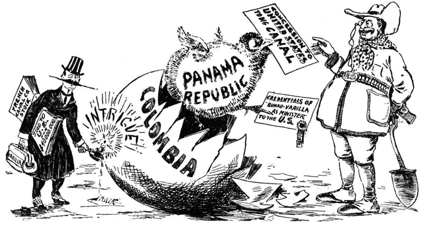 Political cartoon depicting Theodore Roosevelt and the Panama Canal question.