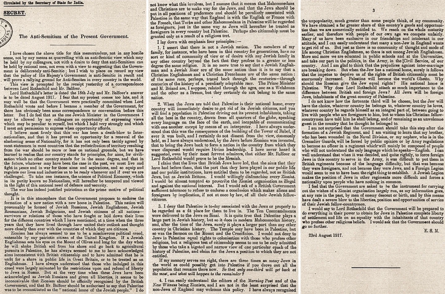 A reproduction of Edwin Montagu’s August 1917 cabinet memorandum.