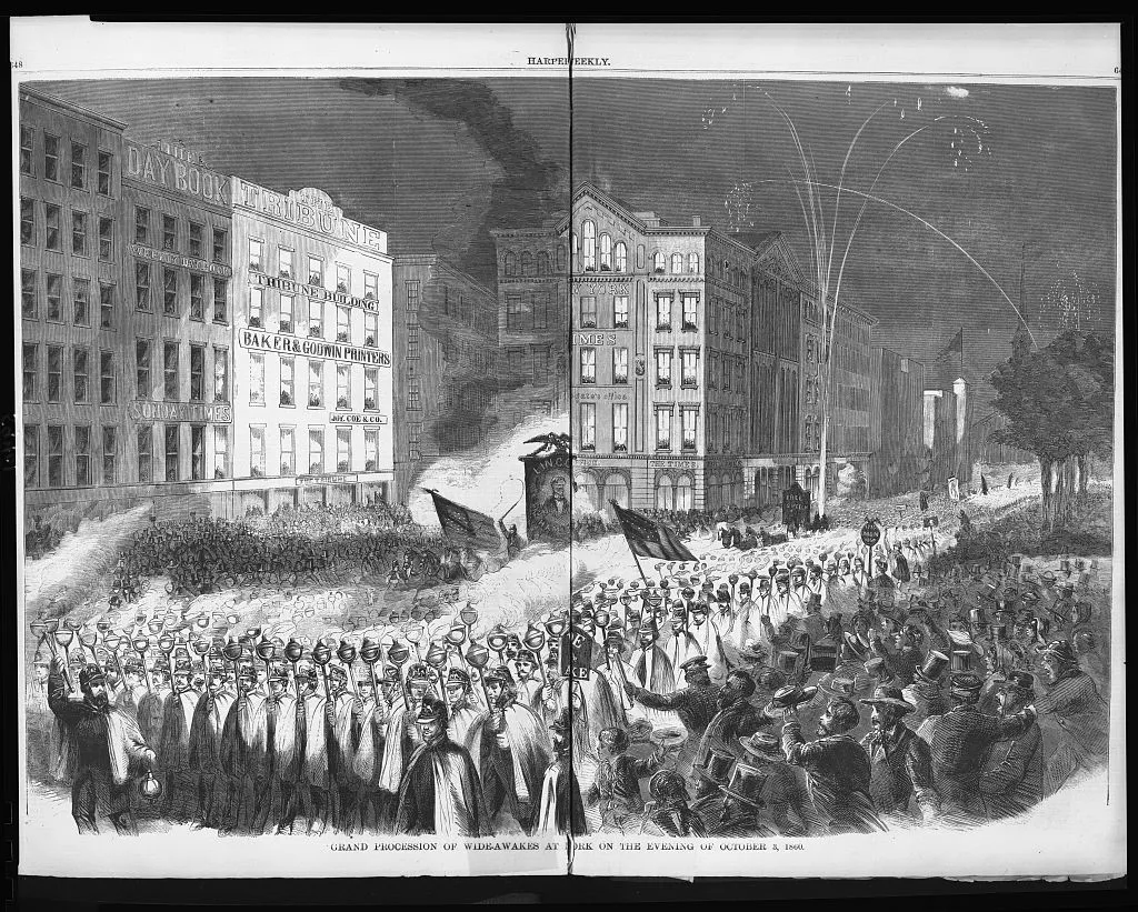 Engraving of a crowded Wide Awake Republican procession in New York at night.