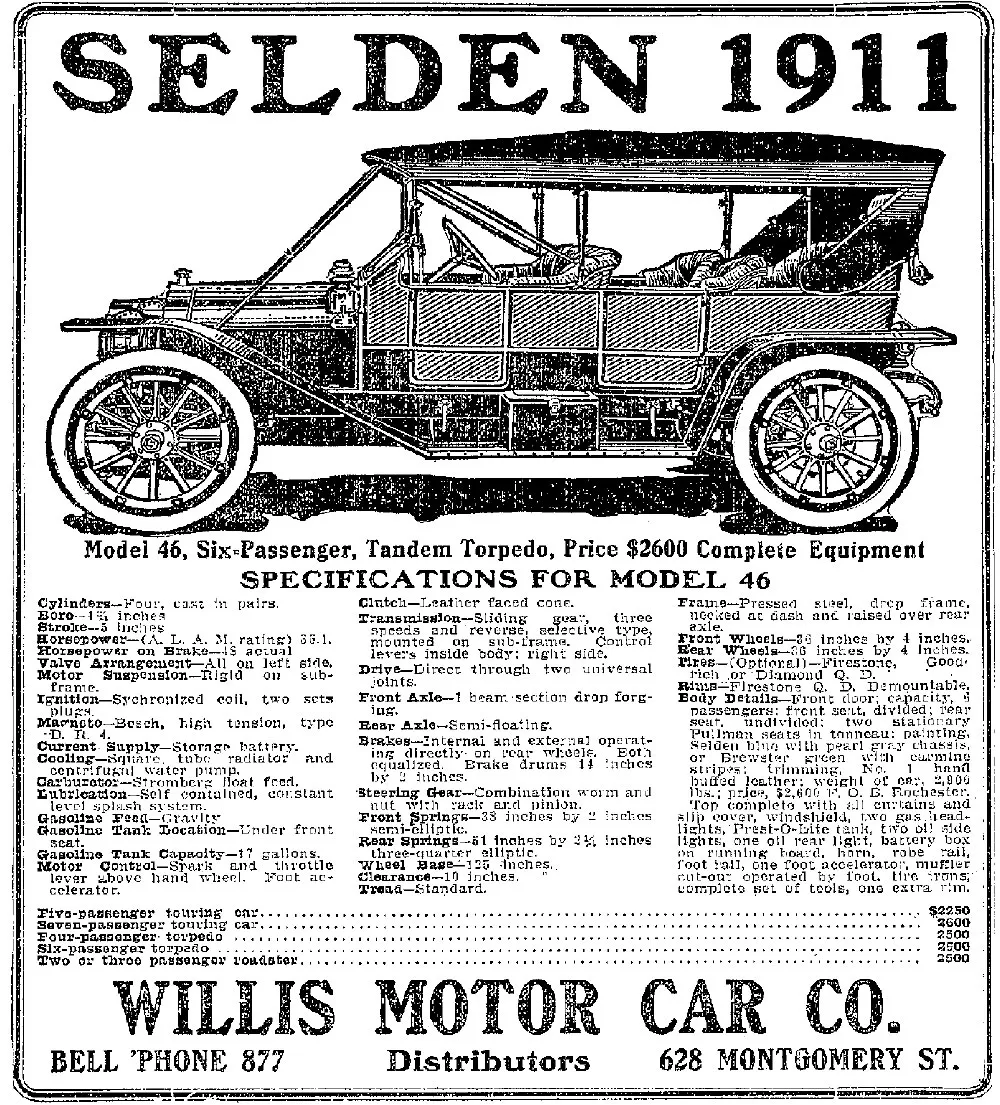Newspaper advertisement showing a Selden Model 46 touring car and its specifications.