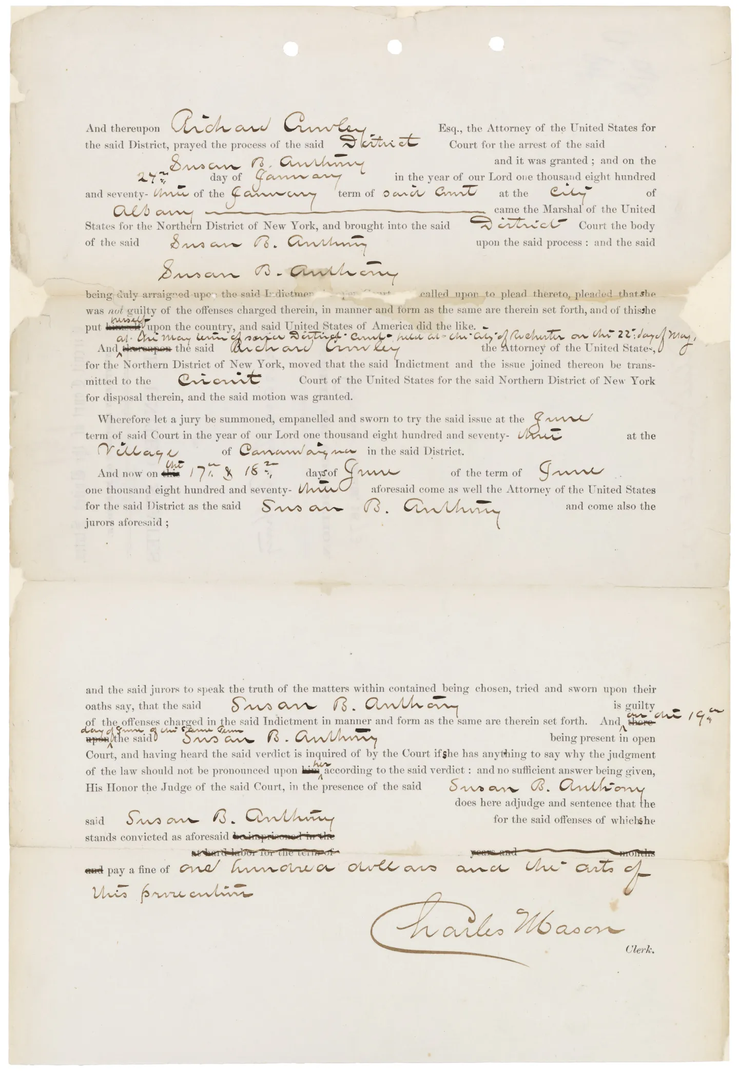 A handwritten federal court record of Susan B. Anthony’s conviction and fine.