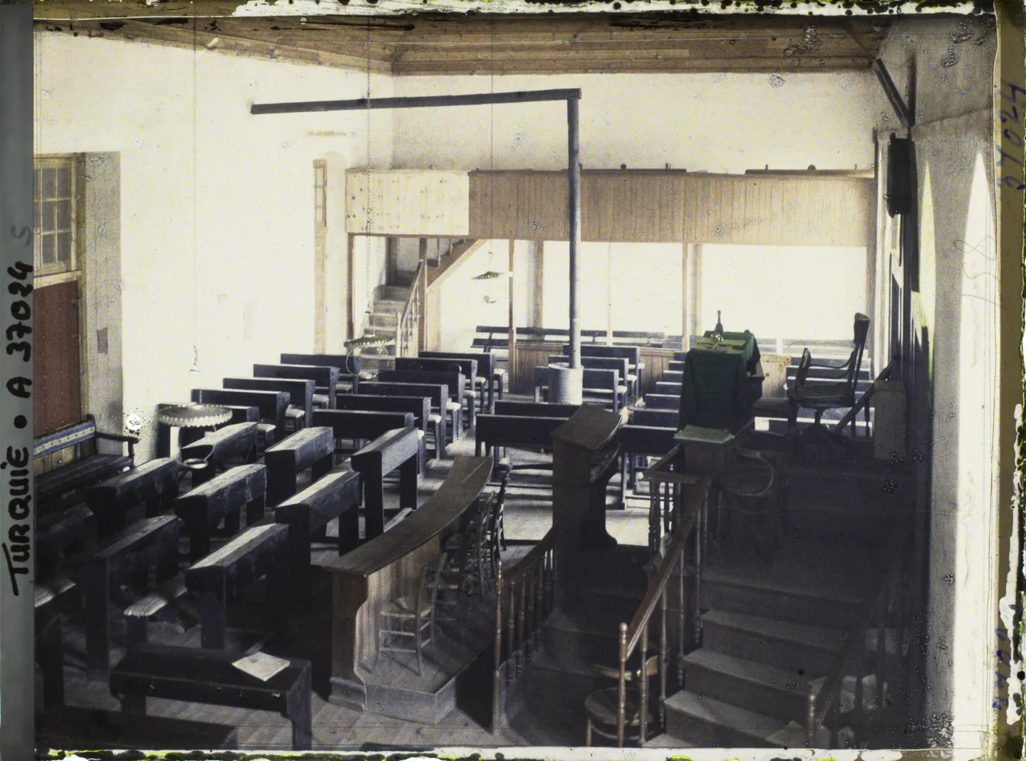 Benches and the speaker’s platform in the first Grand National Assembly chamber.
