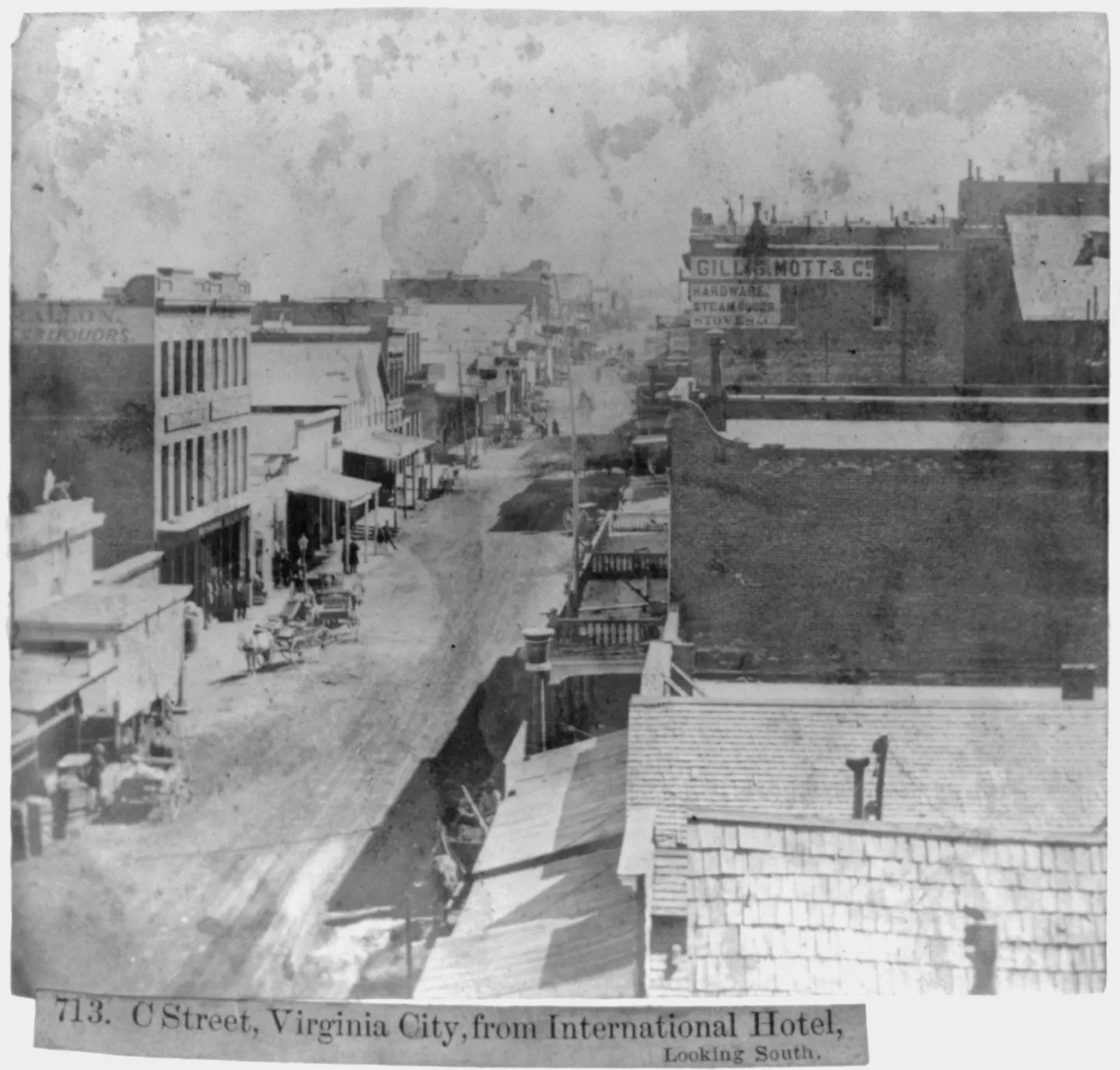 A street lined with commercial buildings in Virginia City, viewed from the International Hotel.
