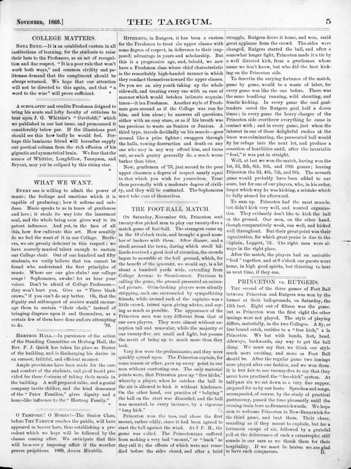 A page of the November 1869 Rutgers student newspaper, The Targum.