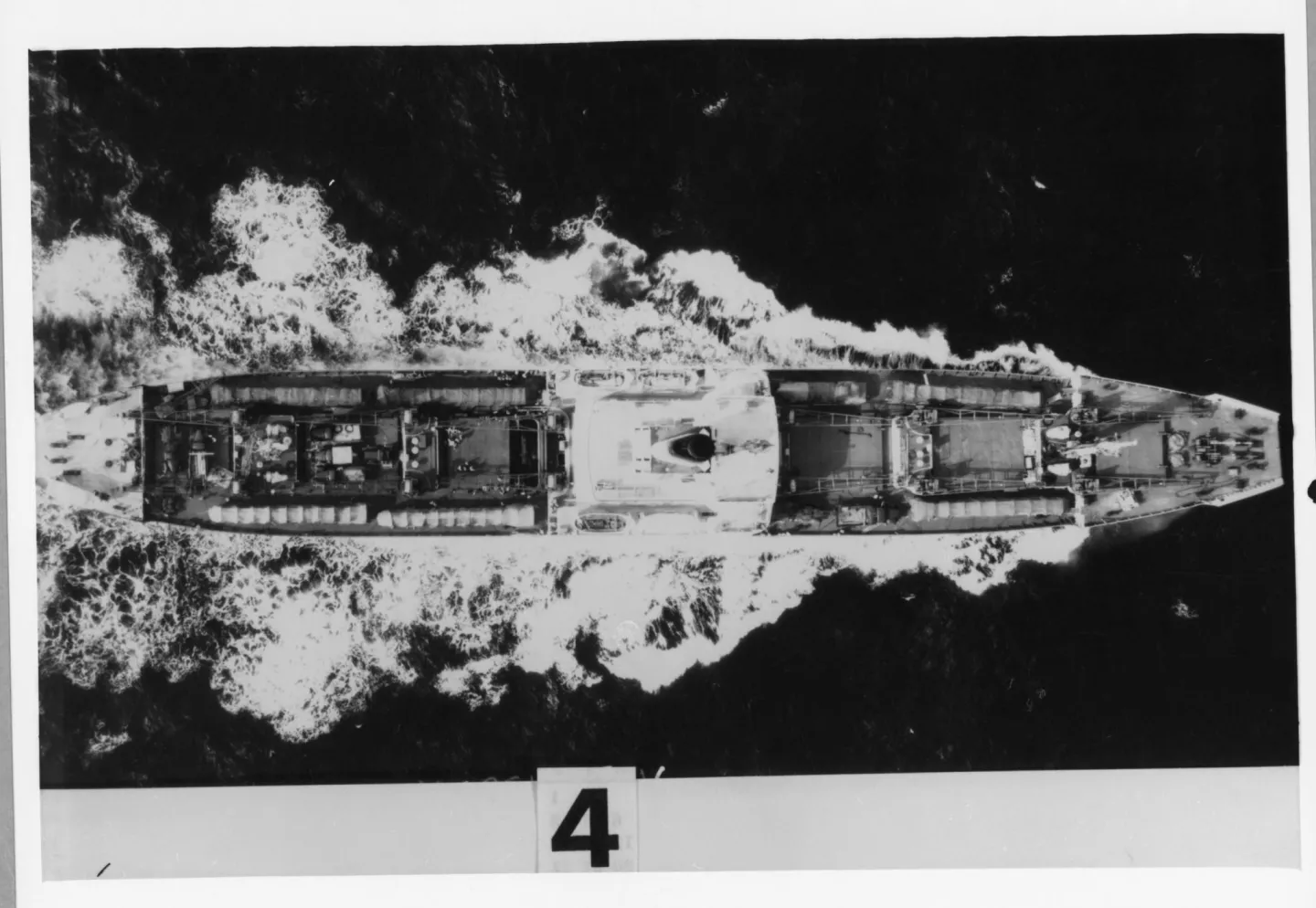 Overhead photograph of the Soviet ship Fizik Kurchatov with six canvas-covered missile transporters on deck as it leaves Cuba.