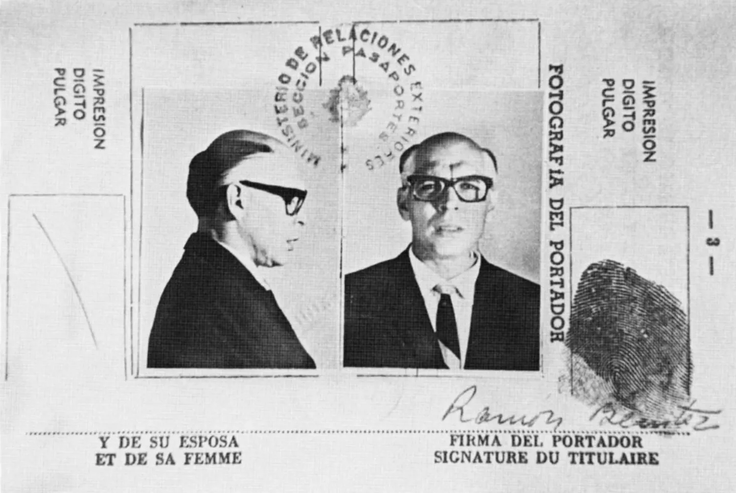 False Uruguayan passport page with front and profile photographs of Che Guevara in glasses and a suit, a fingerprint and the signature Ramón Benítez.