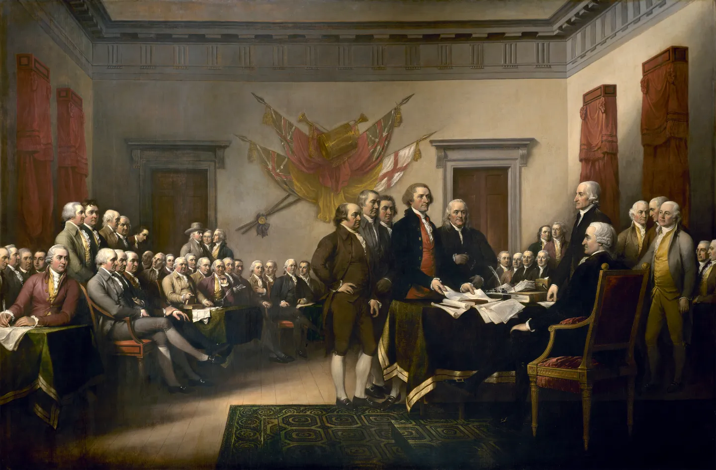 Trumbull painting of the Declaration drafting committee presenting its work to Congress