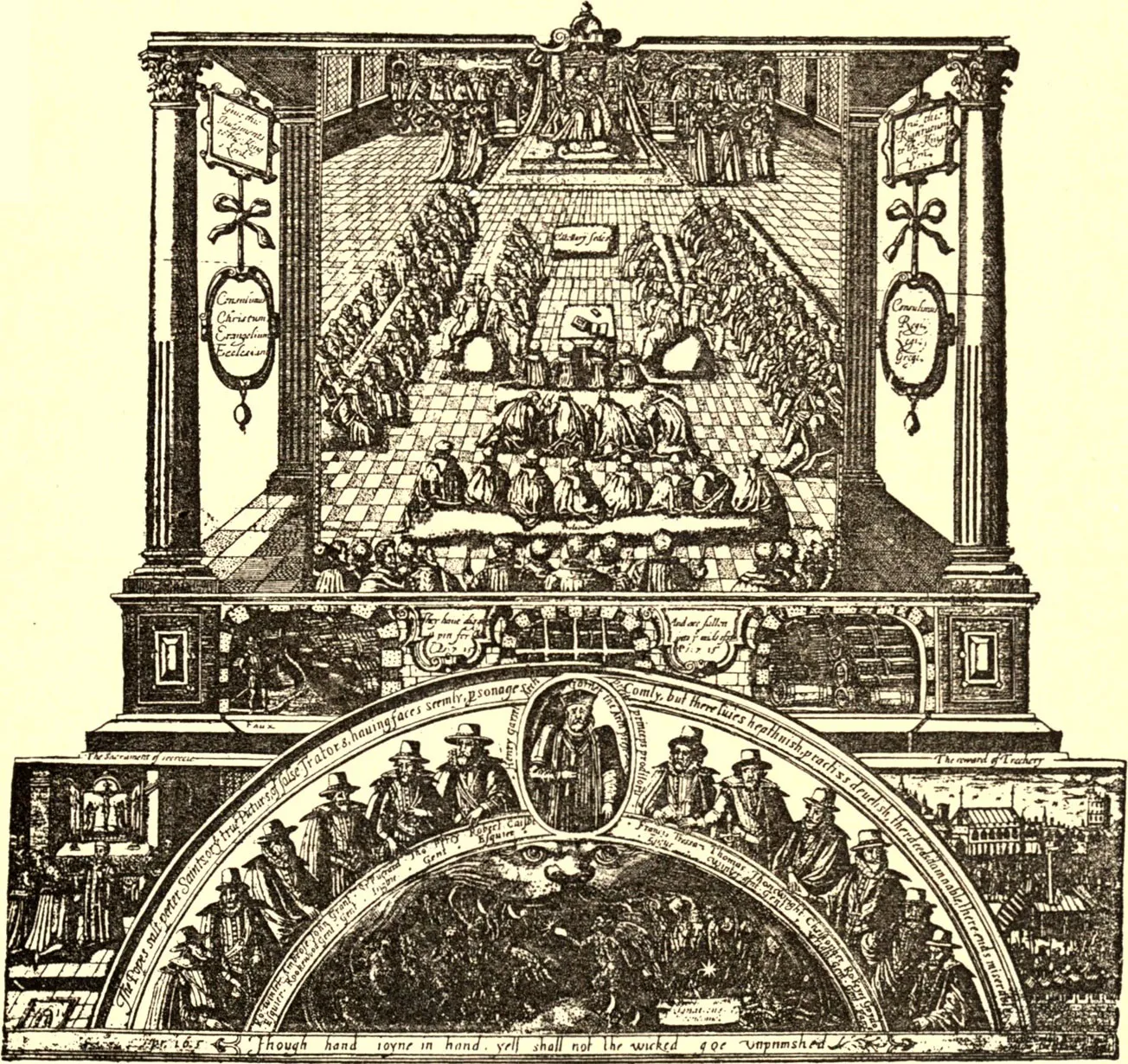 A historical print showing an assembly of Parliament above a decorated scene connected with the Gunpowder Plot.