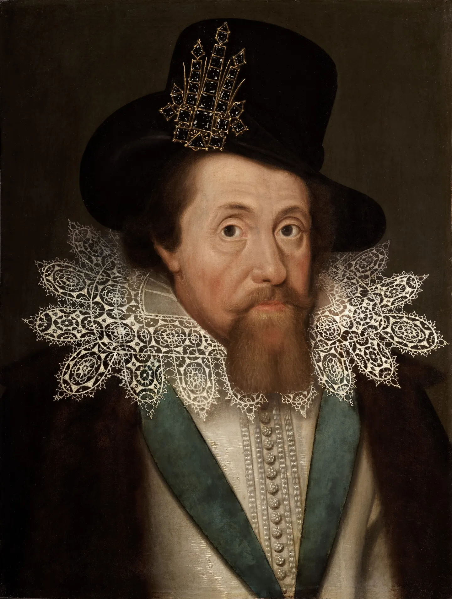 Painted portrait of James I wearing a dark hat, jeweled clothing and a white collar.