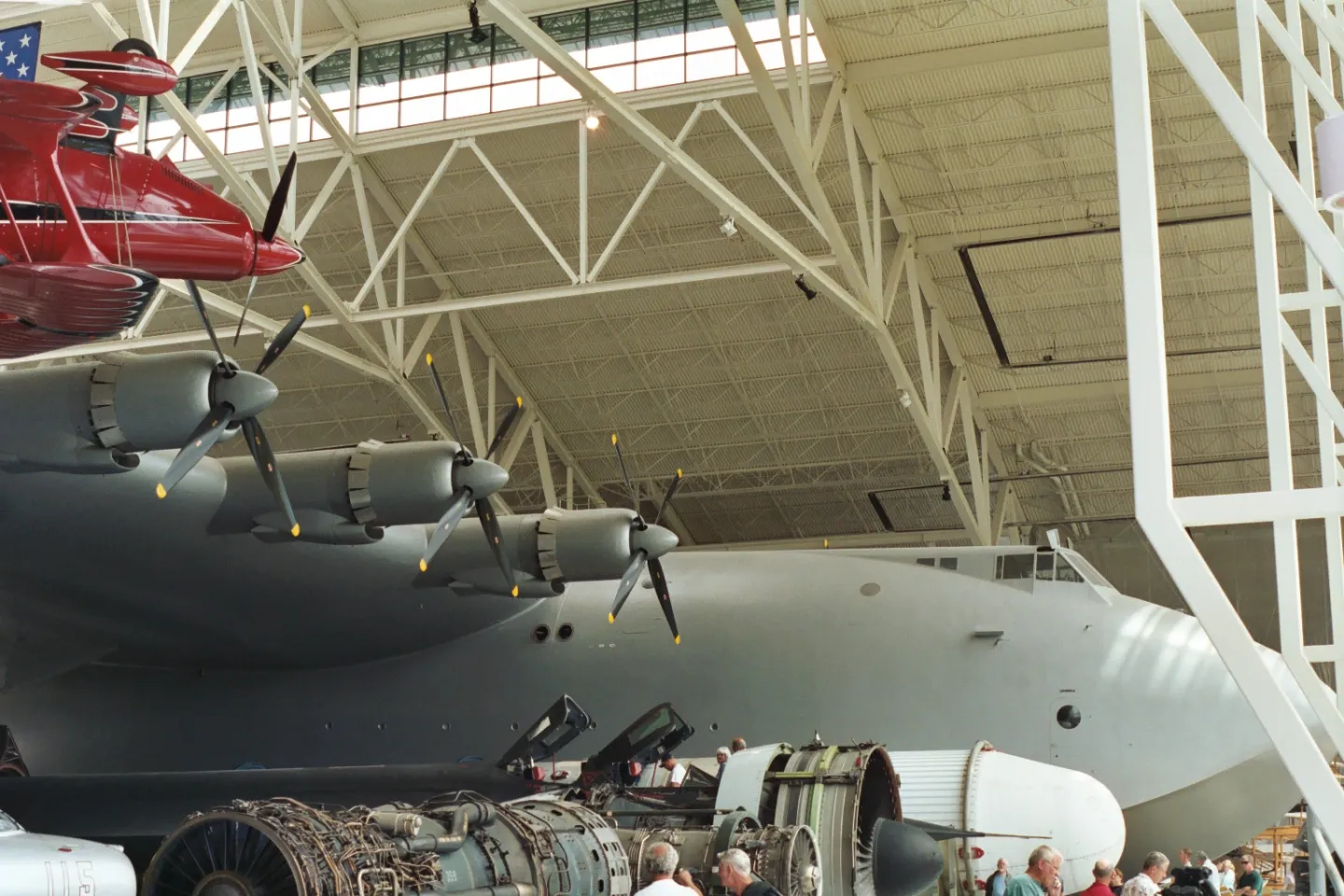 Nose and four starboard engines of the preserved H-4 Hercules inside the museum.