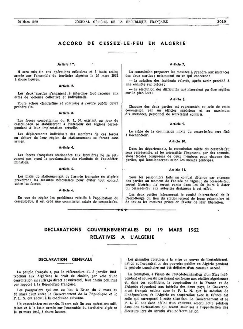 A printed page from the French Official Journal concerning the Évian agreements.