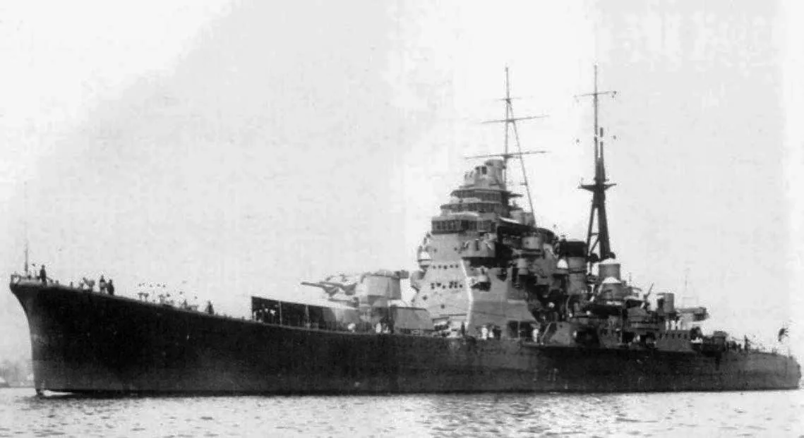 Prewar or wartime portrait of Japanese heavy cruiser Atago, sunk by USS Darter on October 23, 1944
