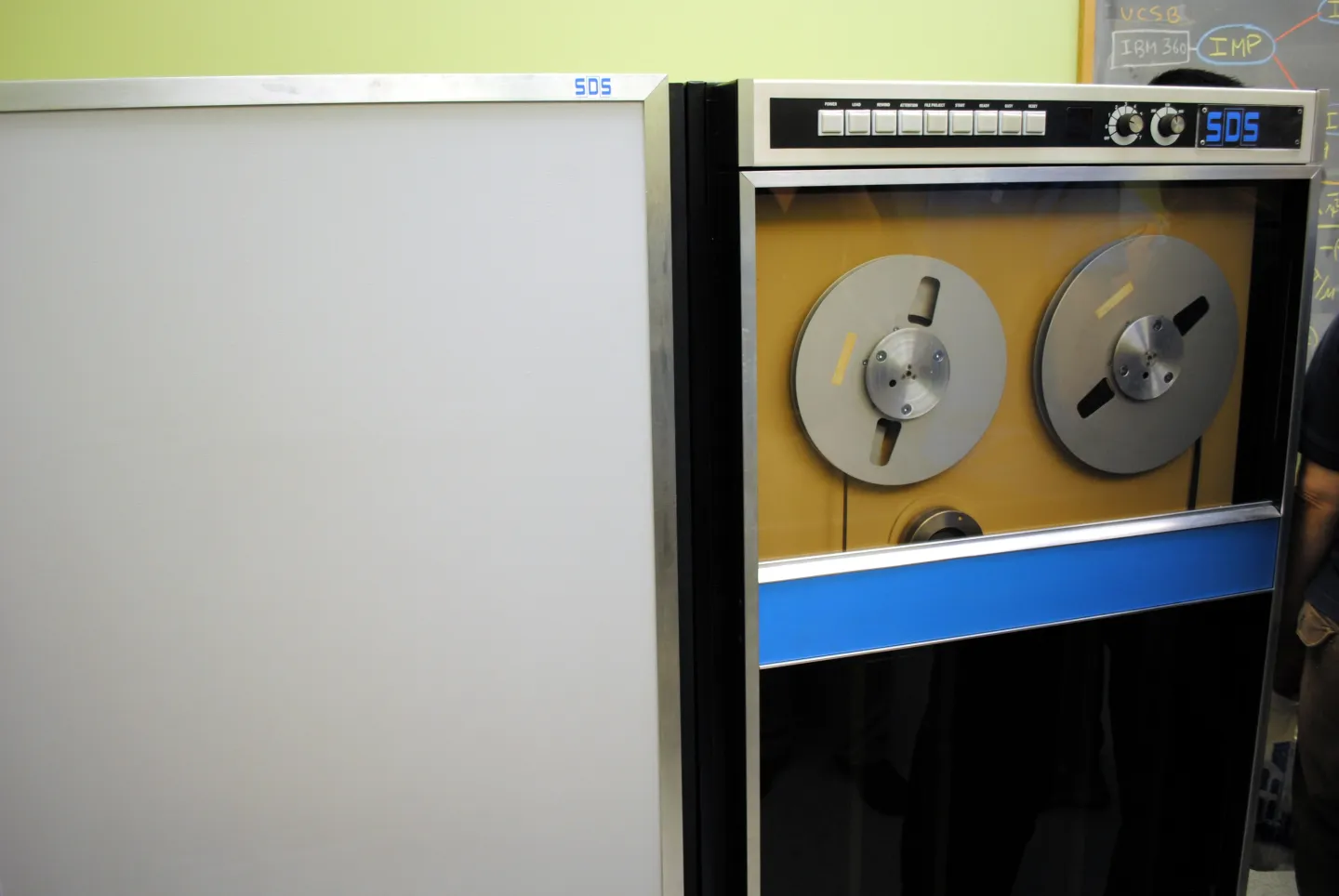 Preserved SDS Sigma 7 equipment and tape reels in UCLA’s restored laboratory.