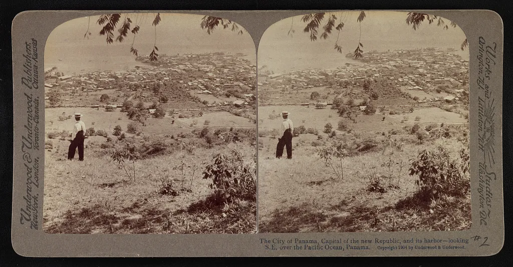 Paired stereoscopic views across Panama City toward its Pacific harbor.