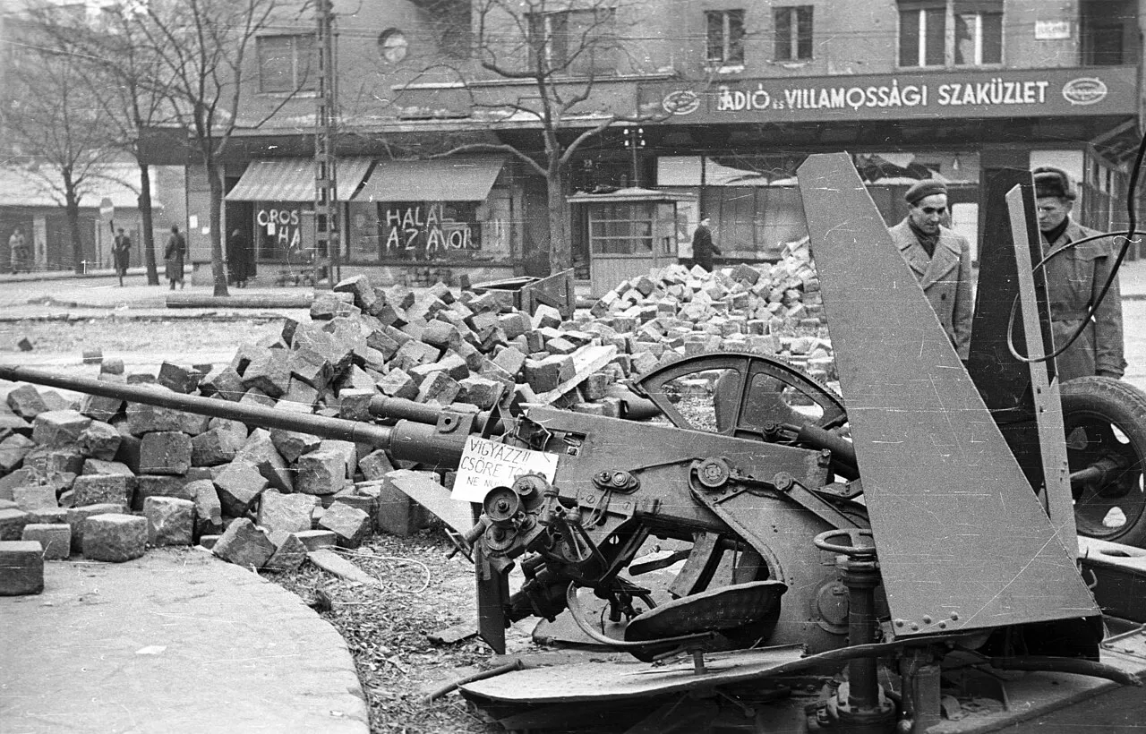 Road barricades across Fehérvári Road in Budapest during the Hungarian uprising of 1956