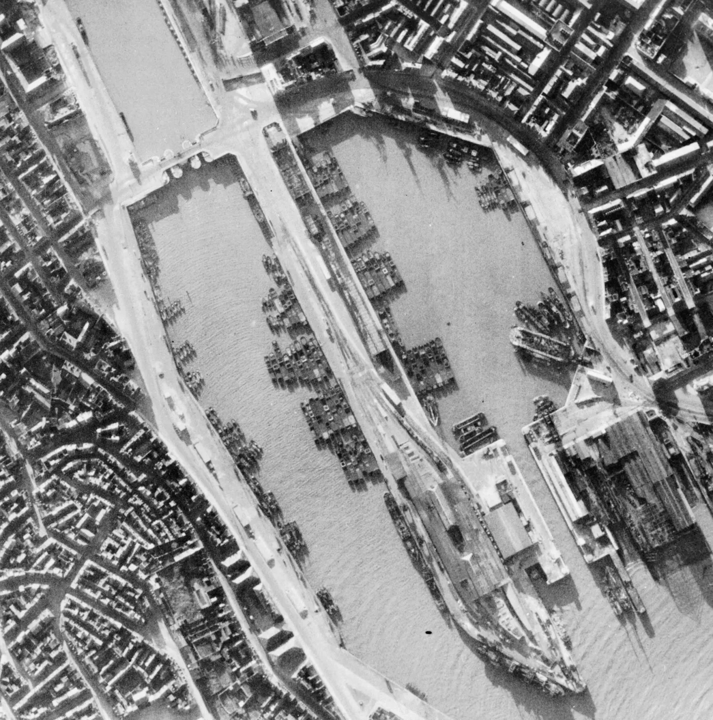 Aerial view of invasion barges gathered in Boulogne harbor.