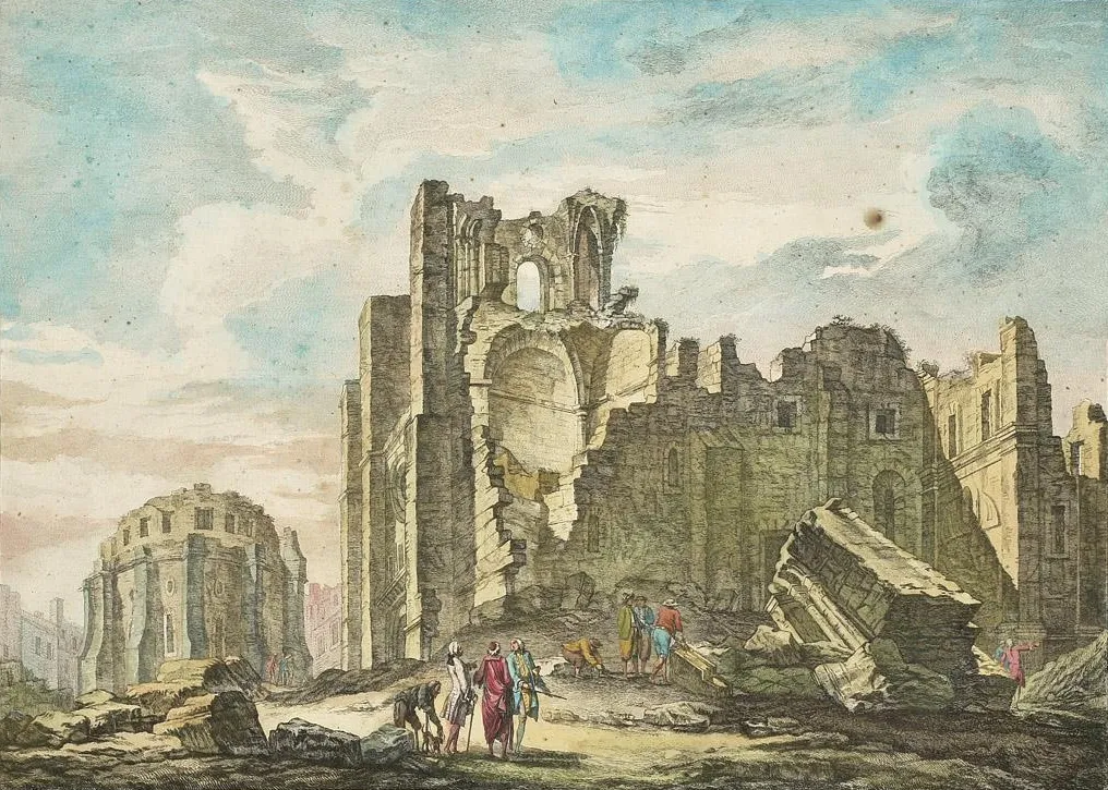 1757 engraving showing Lisbon Cathedral and damaged buildings around it.