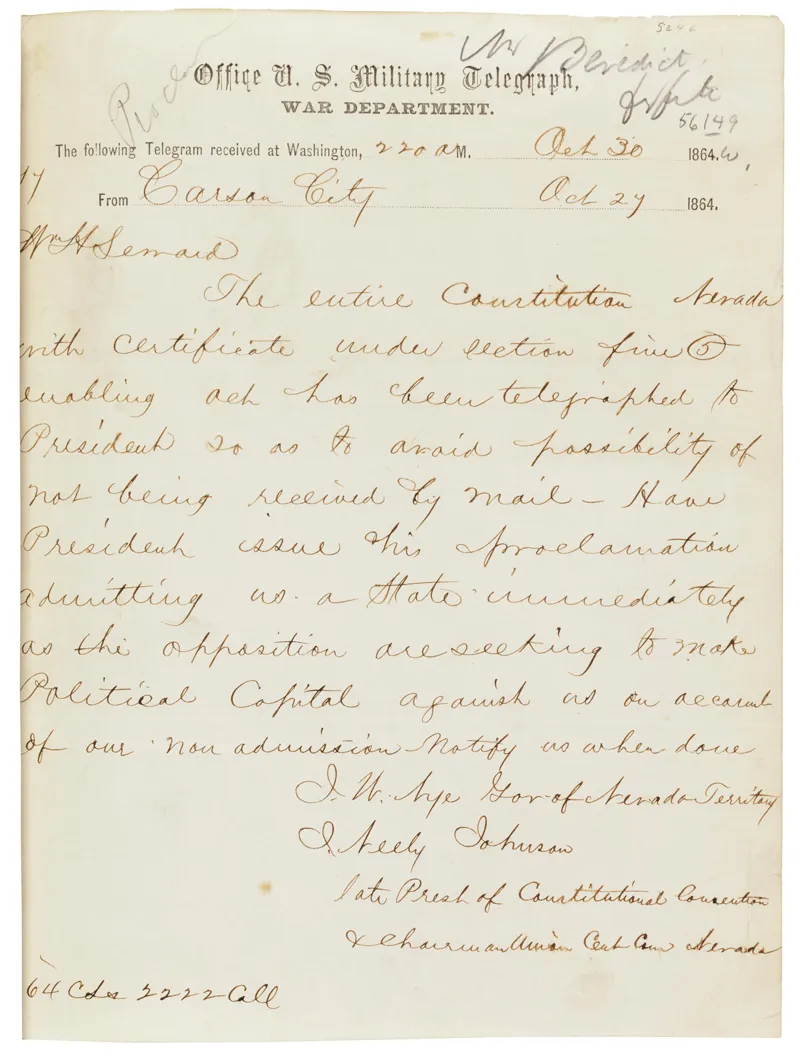 First page of the 1864 telegram transmitting Nevada’s constitution.