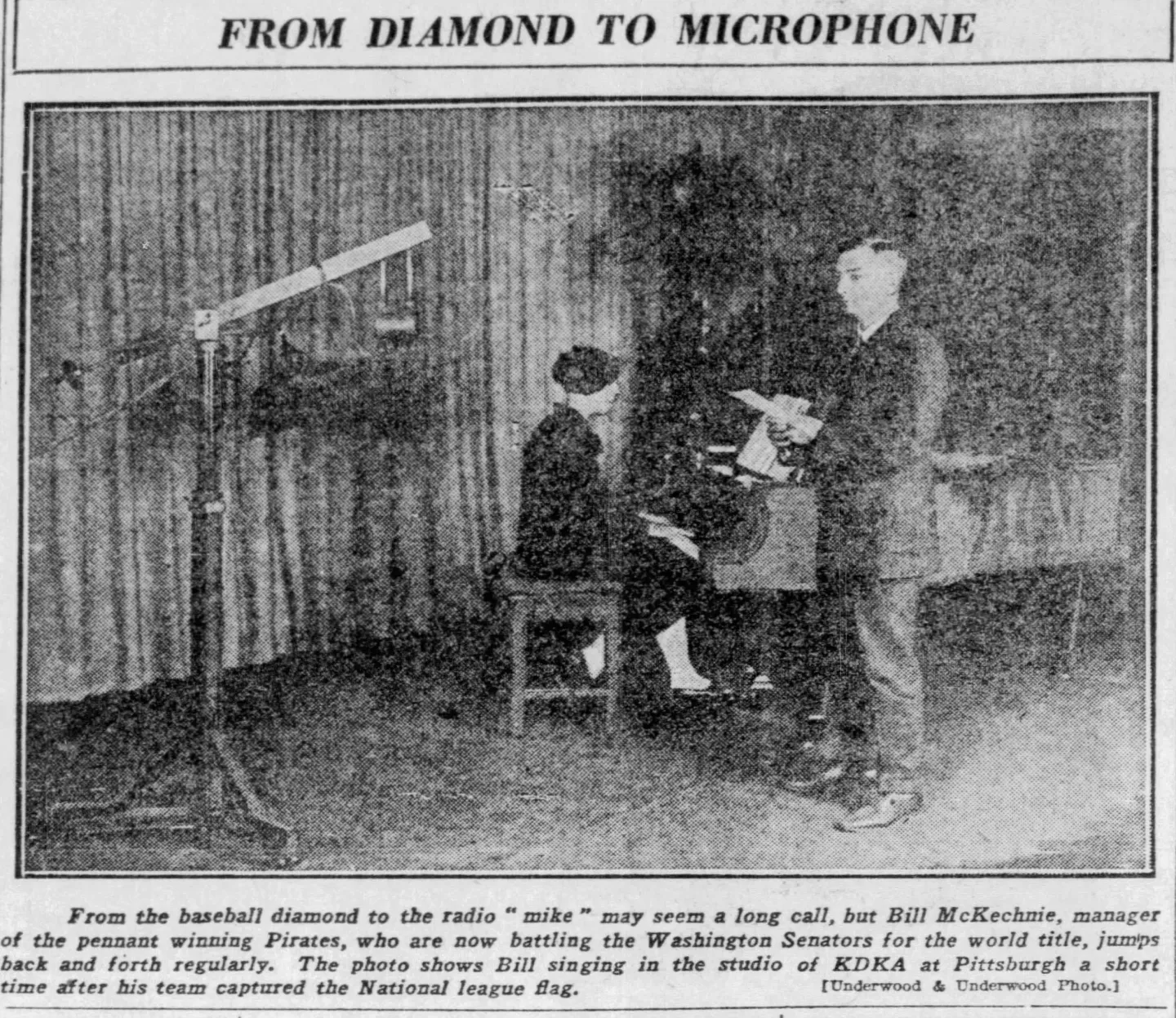 Pirates manager Bill McKechnie at a KDKA microphone.