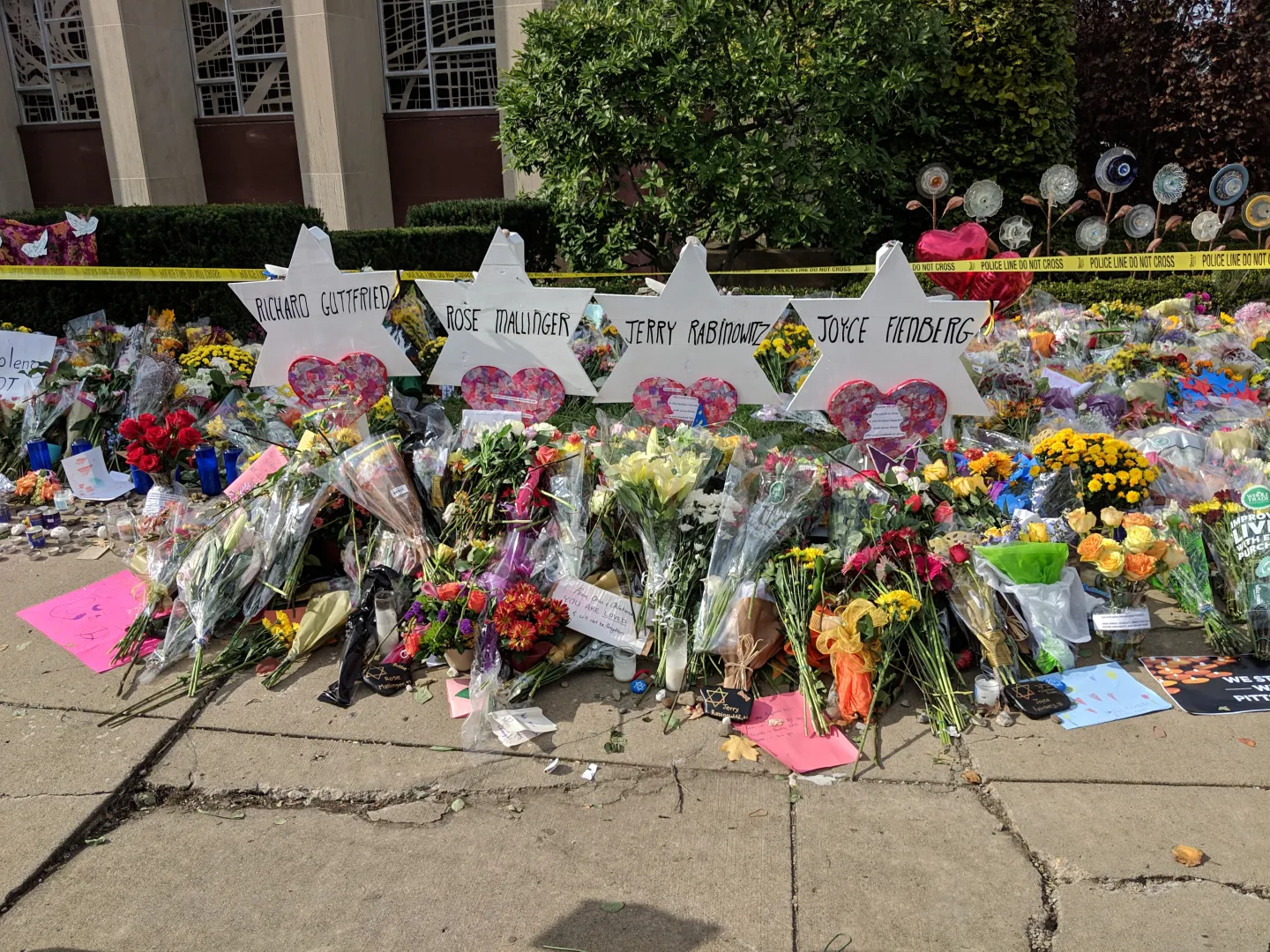 Flowers and tributes outside the Tree of Life synagogue in Pittsburgh on October 31, 2018.