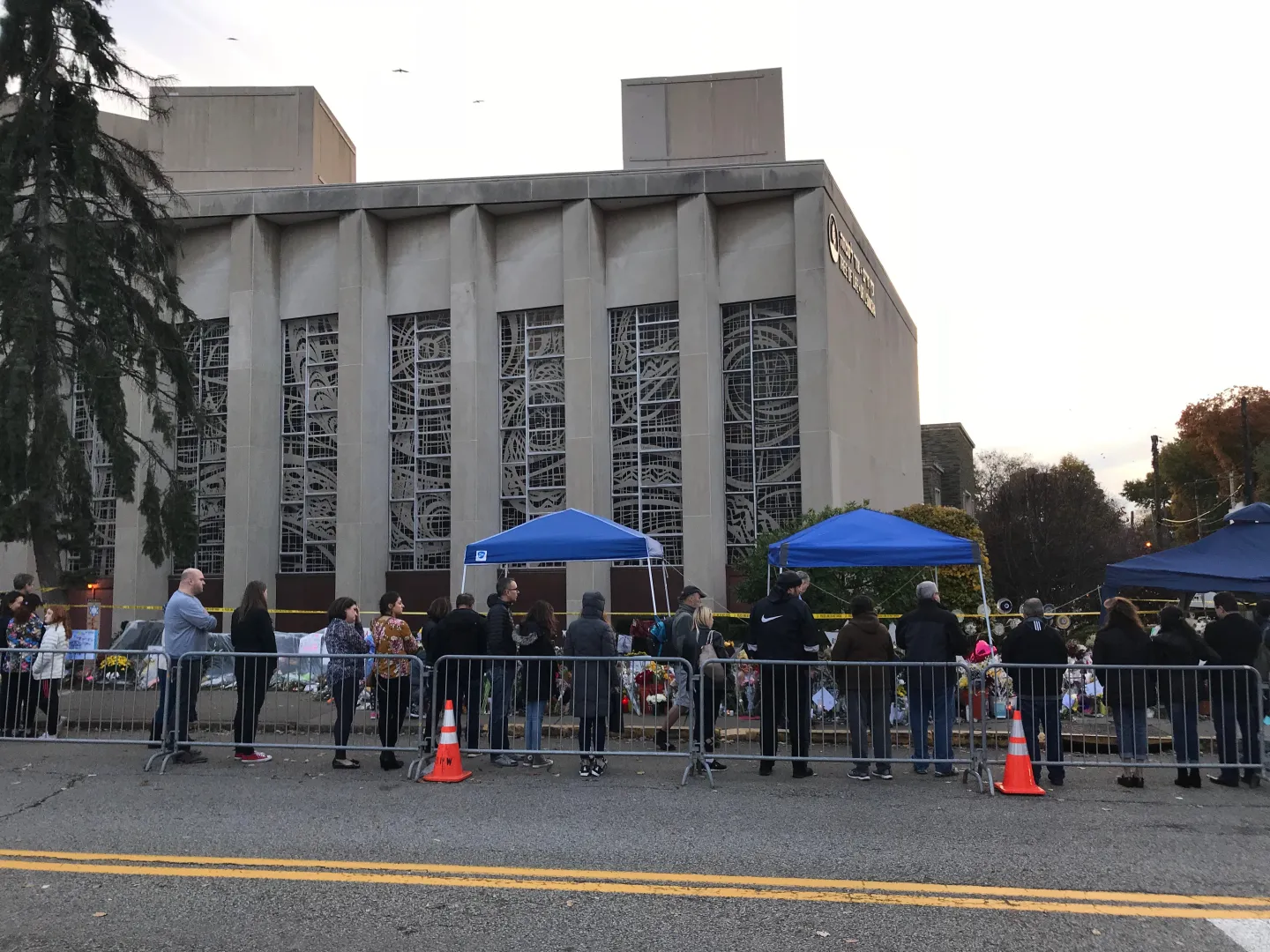 Visitors paying respect outside the Tree of Life synagogue in Pittsburgh on November 4, 2018.