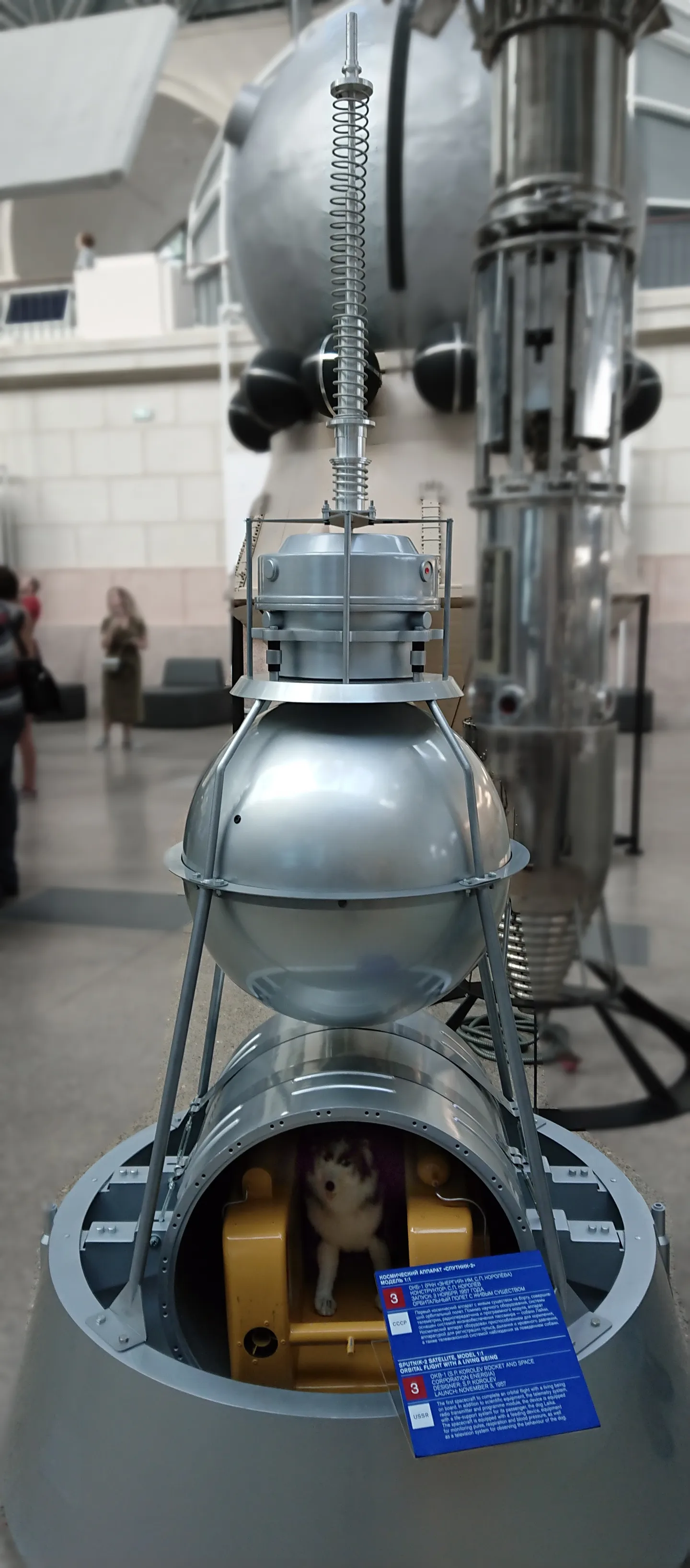 Full-scale Sputnik 2 model displayed vertically in a museum.