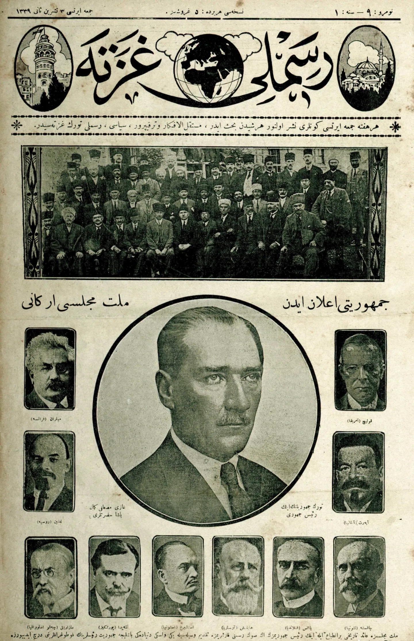 Resimli Gazete page announcing the republic, with Mustafa Kemal’s portrait and other heads of state.