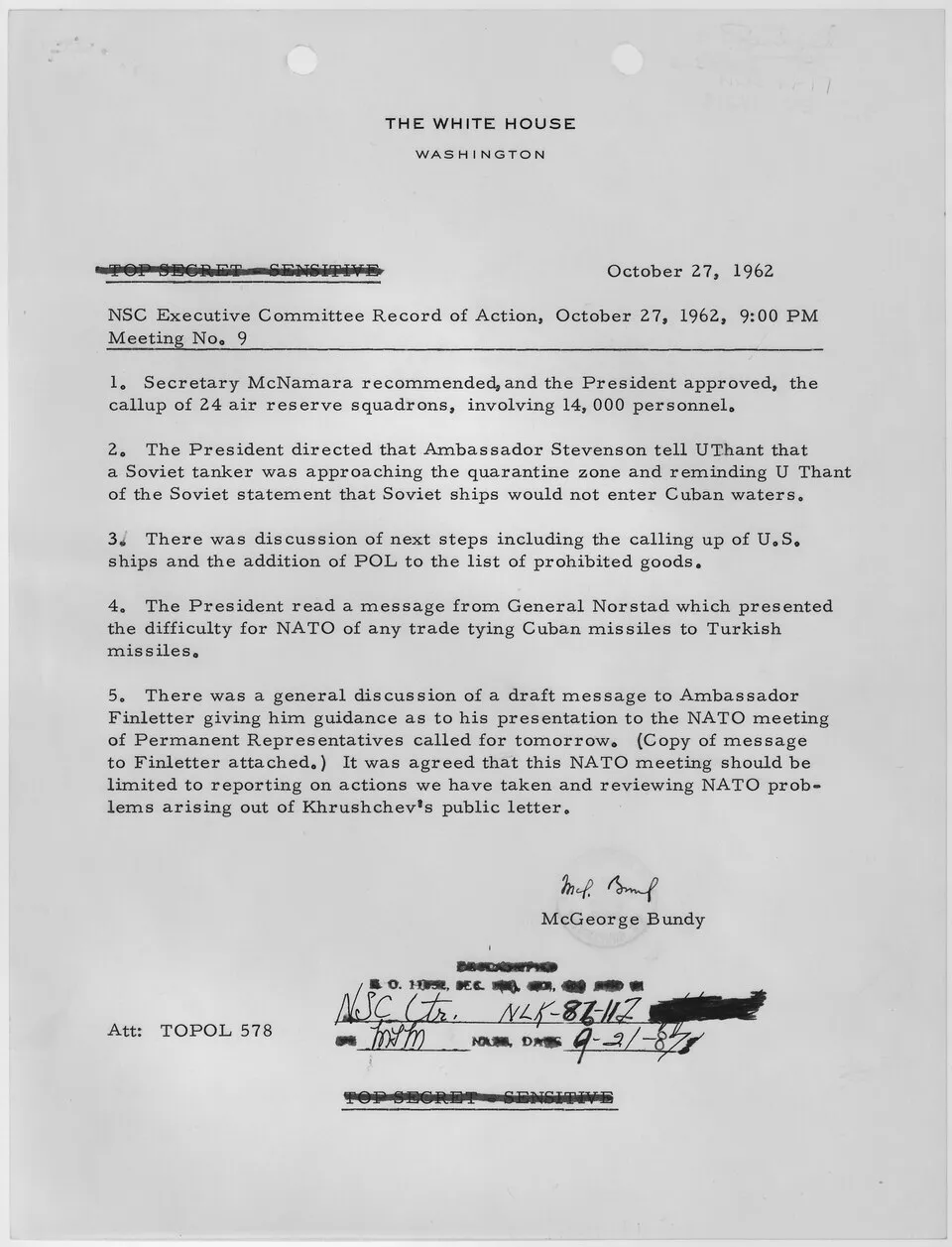 National Security Council Executive Committee 9 p.m. record of action from October 27, 1962.