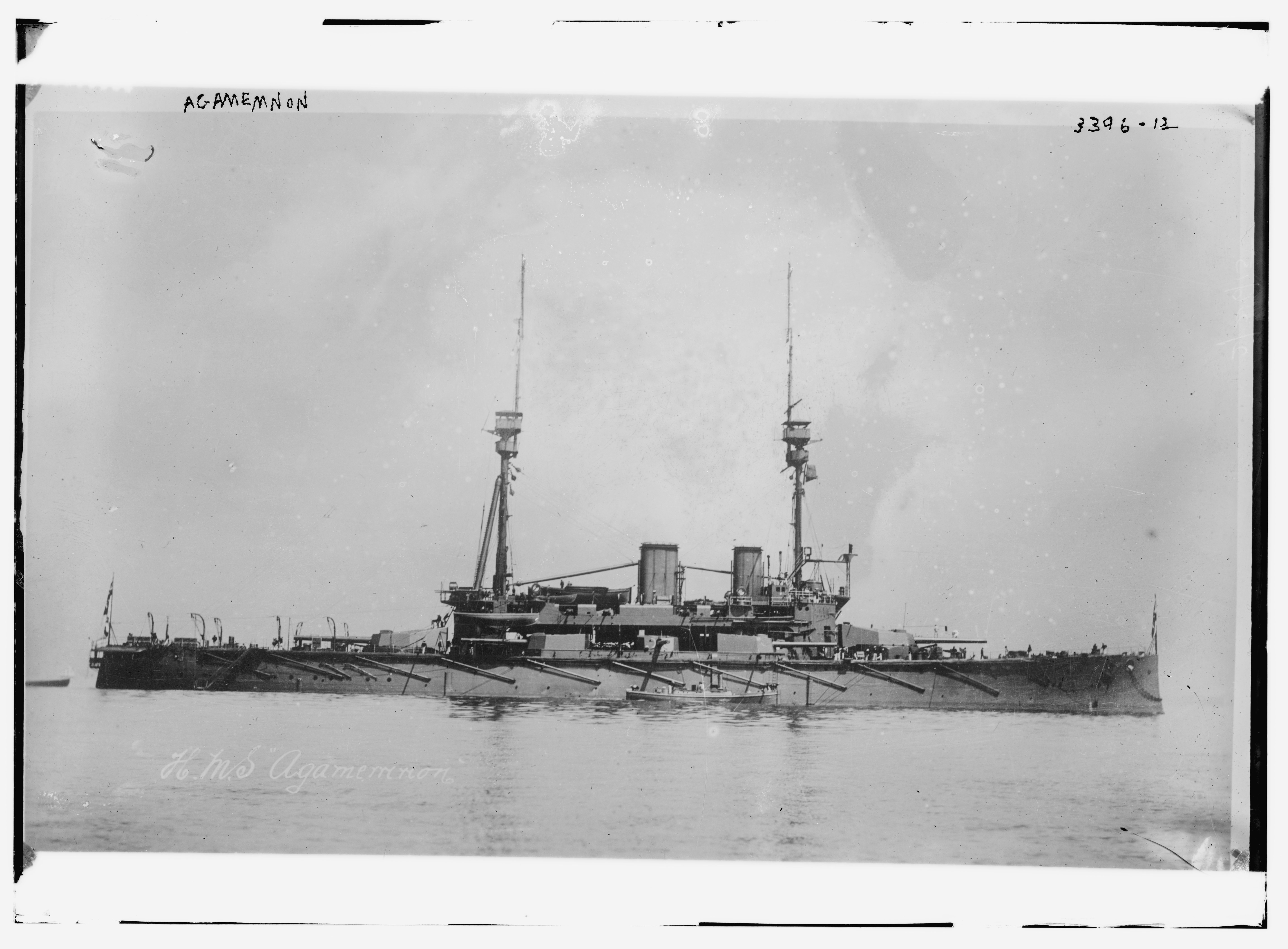 HMS Agamemnon photographed broadside in a Bain glass negative.
