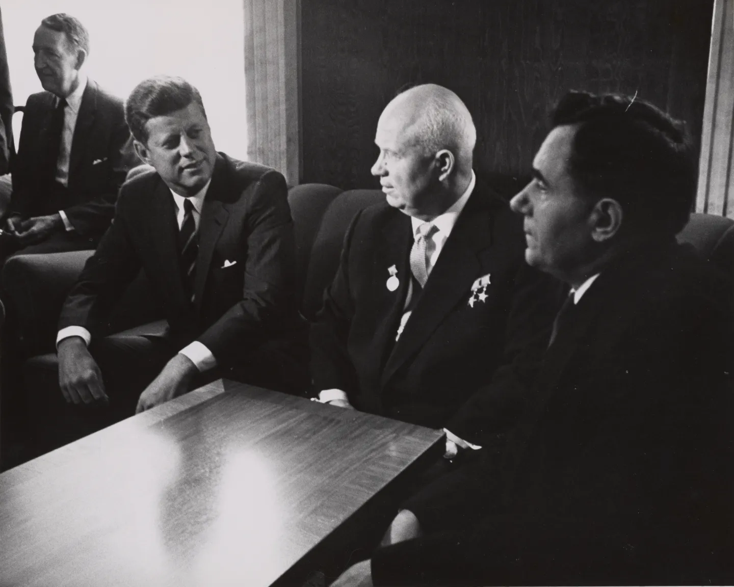 Kennedy and Khrushchev seated with Thompson and Gromyko at the Vienna summit