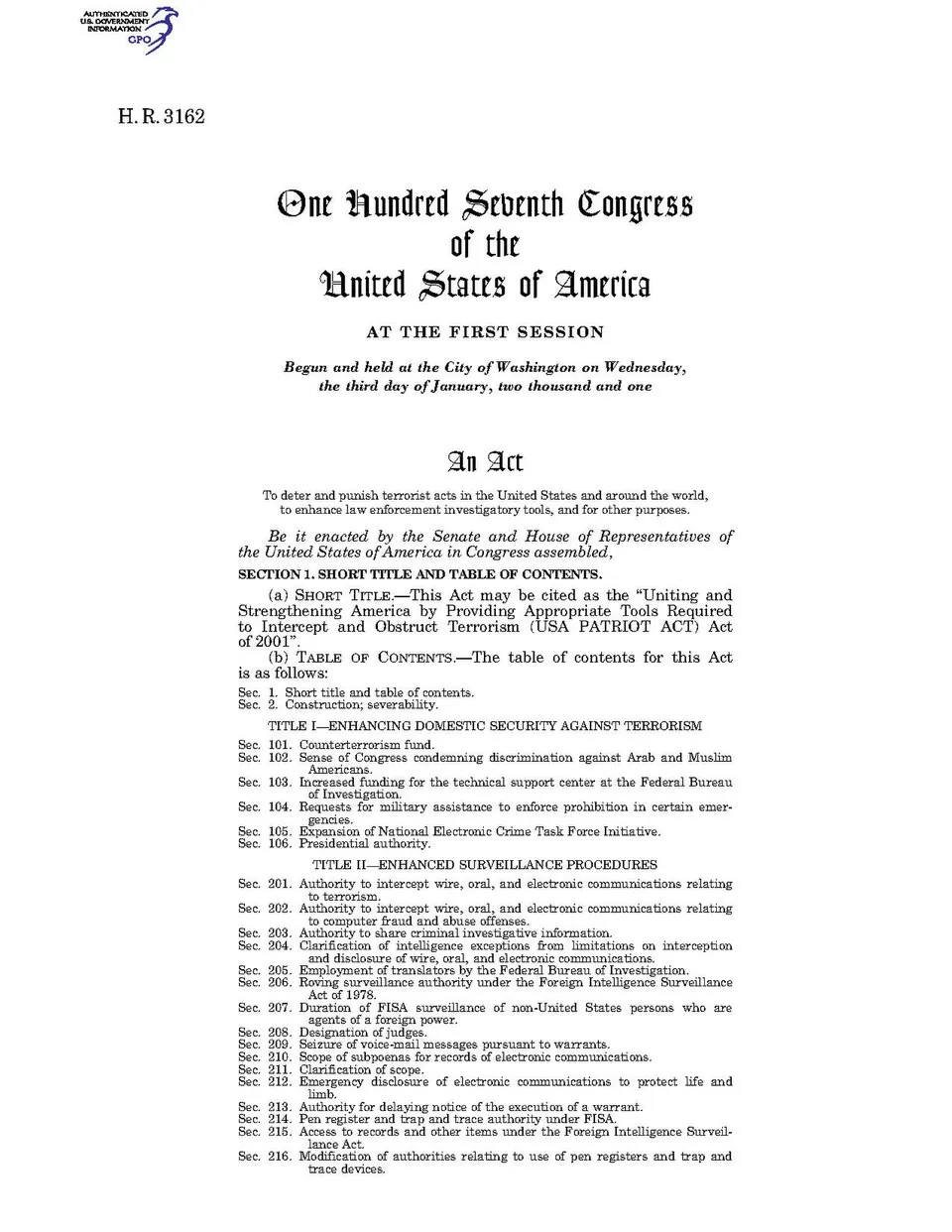 First page of the USA PATRIOT Act, Public Law 107-56, approved October 26, 2001.
